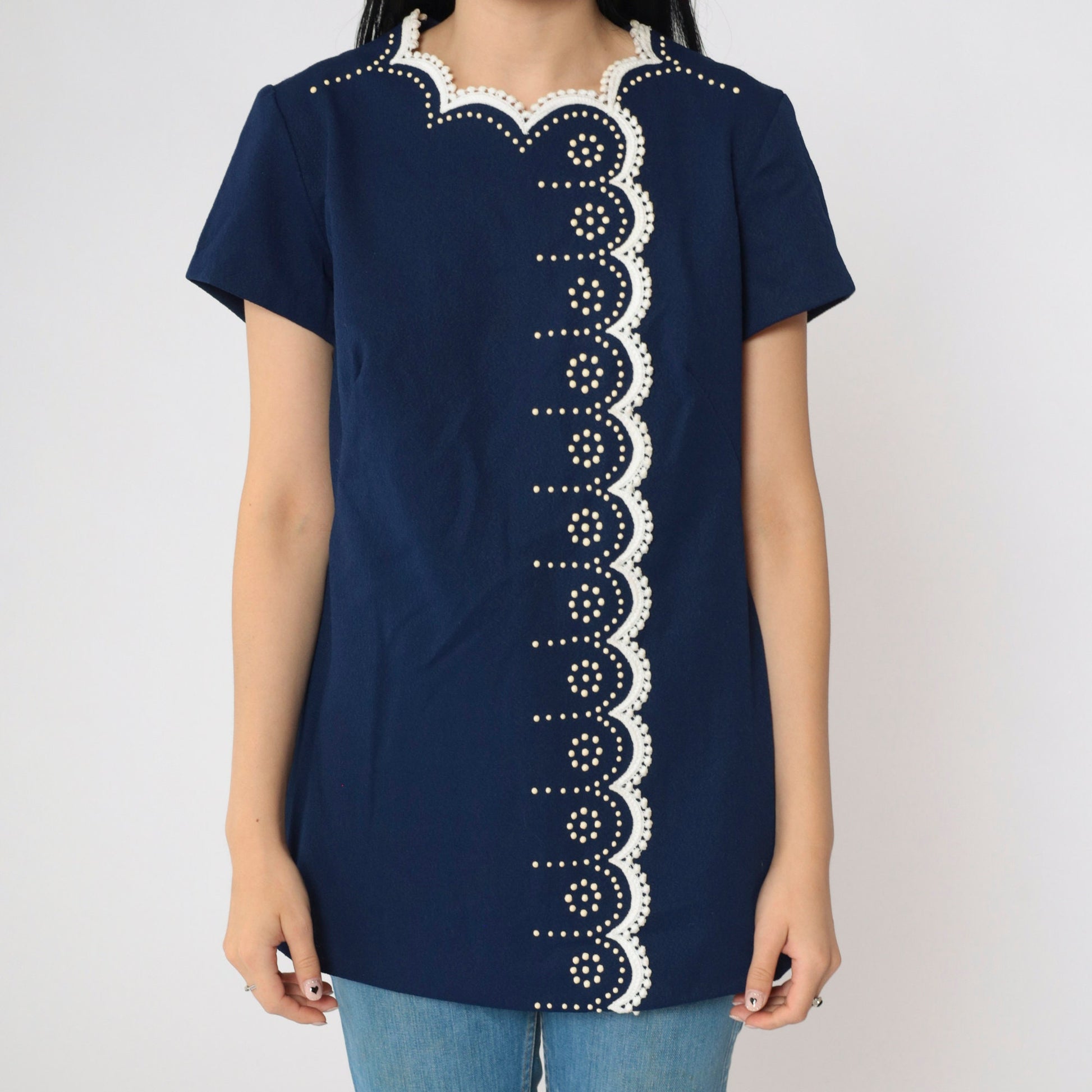 60s Navy Tunic Top Scalloped Lace Trim Mod Dot Print Short Sleeve Medium