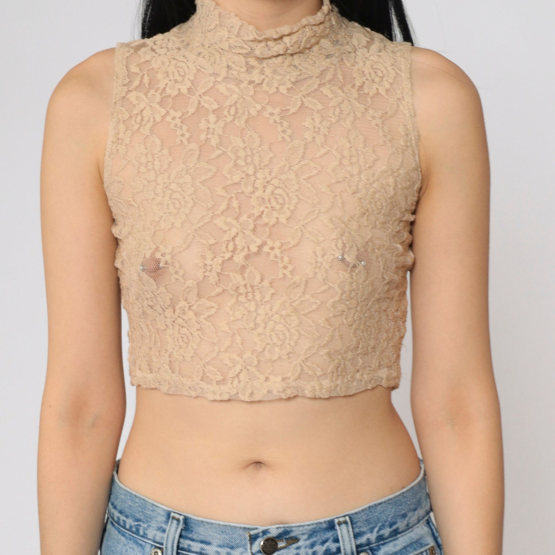 Y2K Beige Floral Lace Tank Top Mock Neck Crop Sleeveless Small S