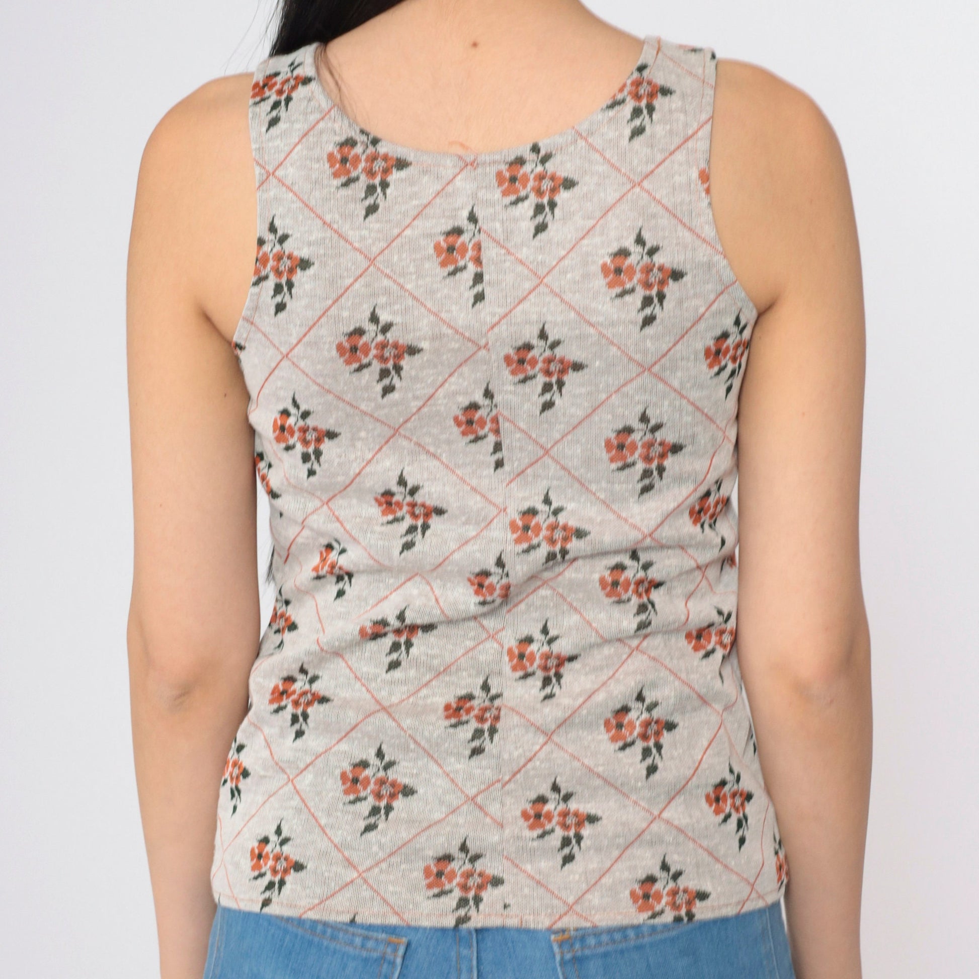 70s Floral Tank Top Scoop Neck Sleeveless Blouse Beige Orange Green Extra Small