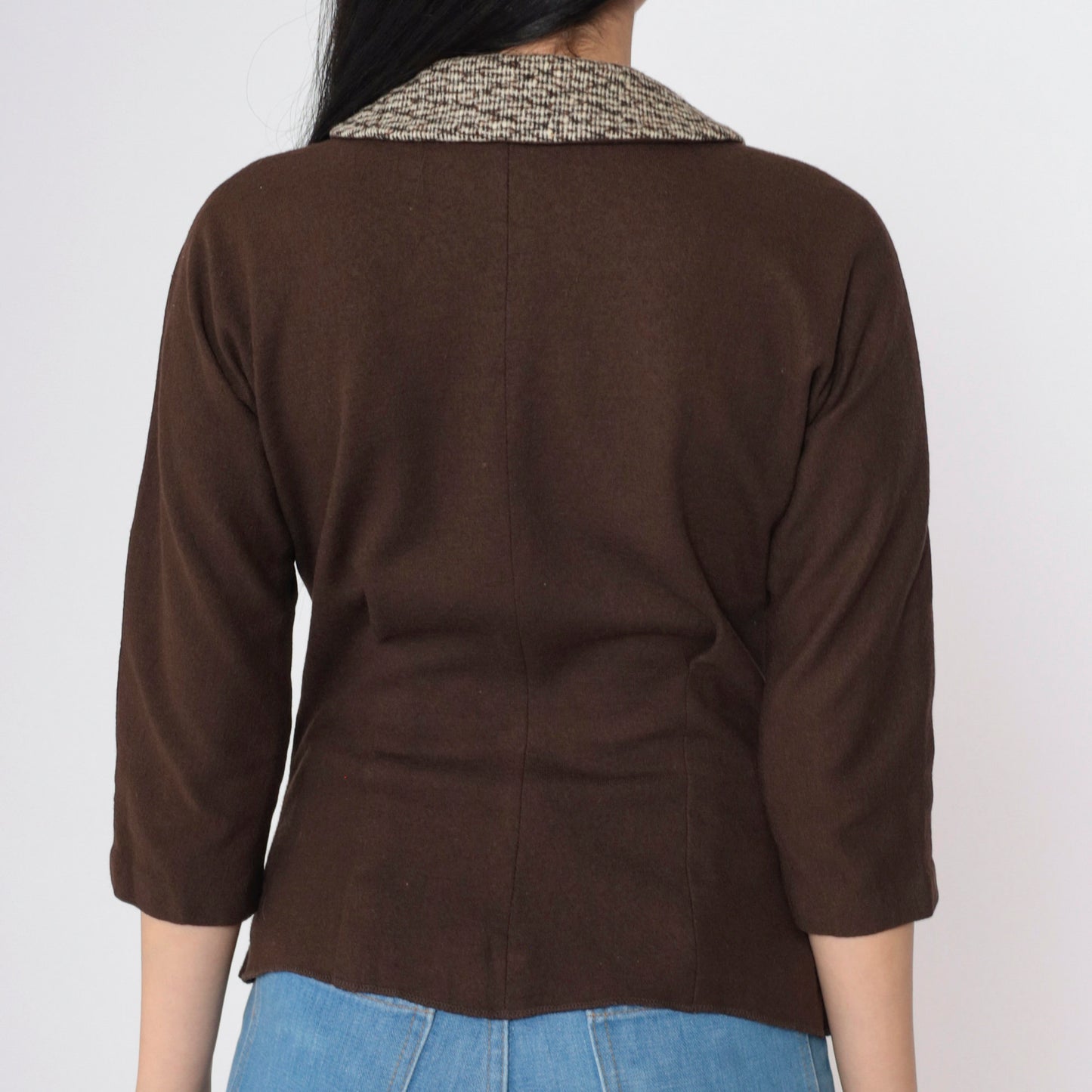 60s Brown Wool Blend Knit Collar Button-Up Top 3/4 Sleeve Small