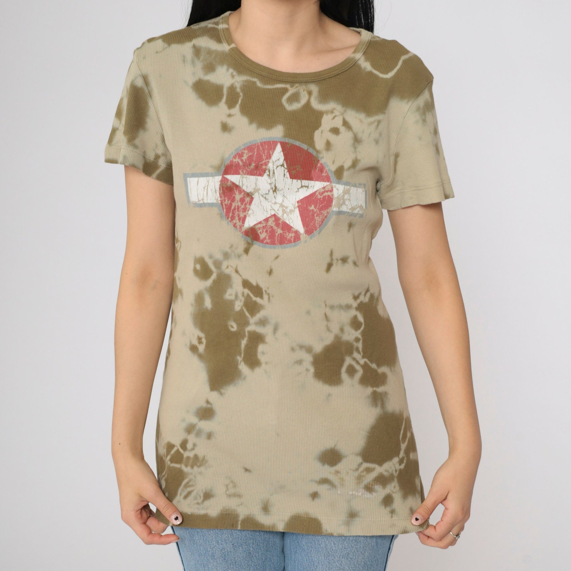 Y2K Sledge USA Star Emblem Tie-Dye Graphic Tee Olive Khaki Large L