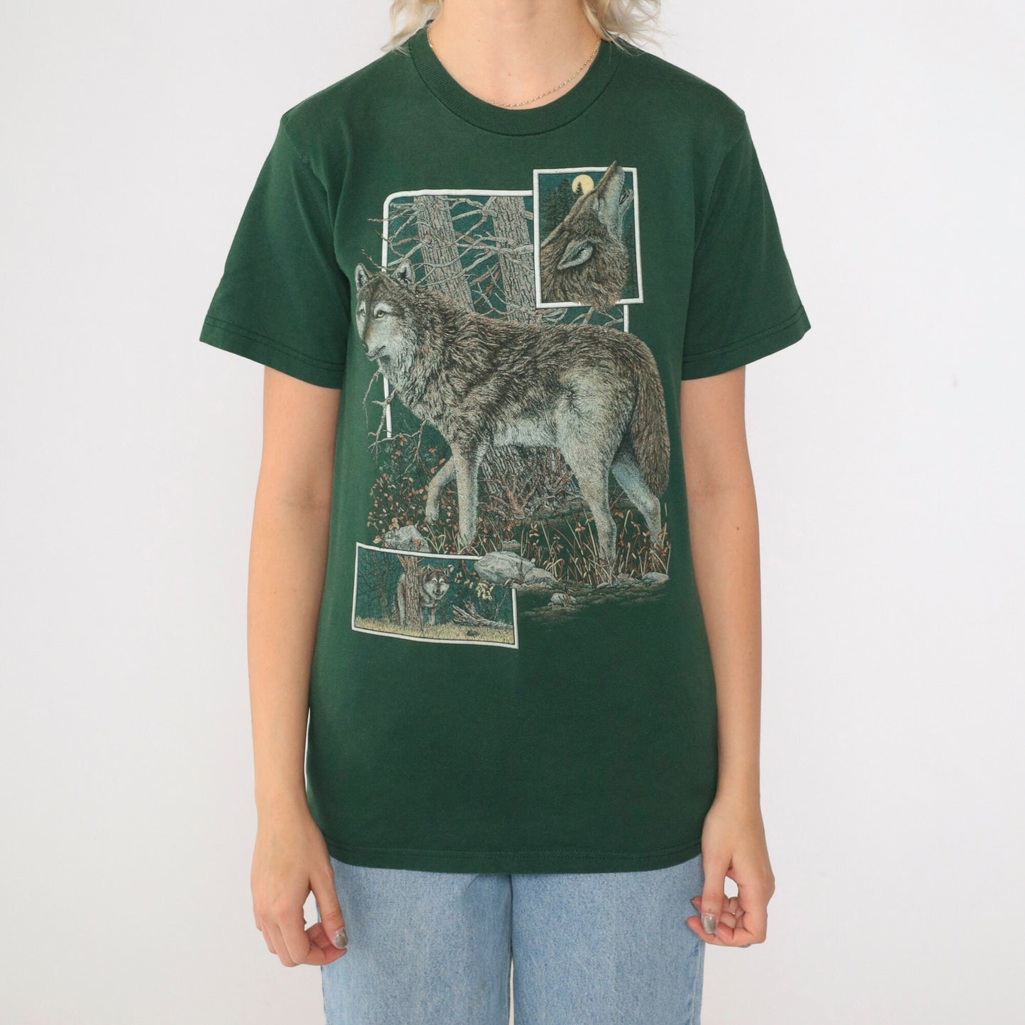 90s Wolf Graphic T-Shirt Green Cotton Crewneck Small S