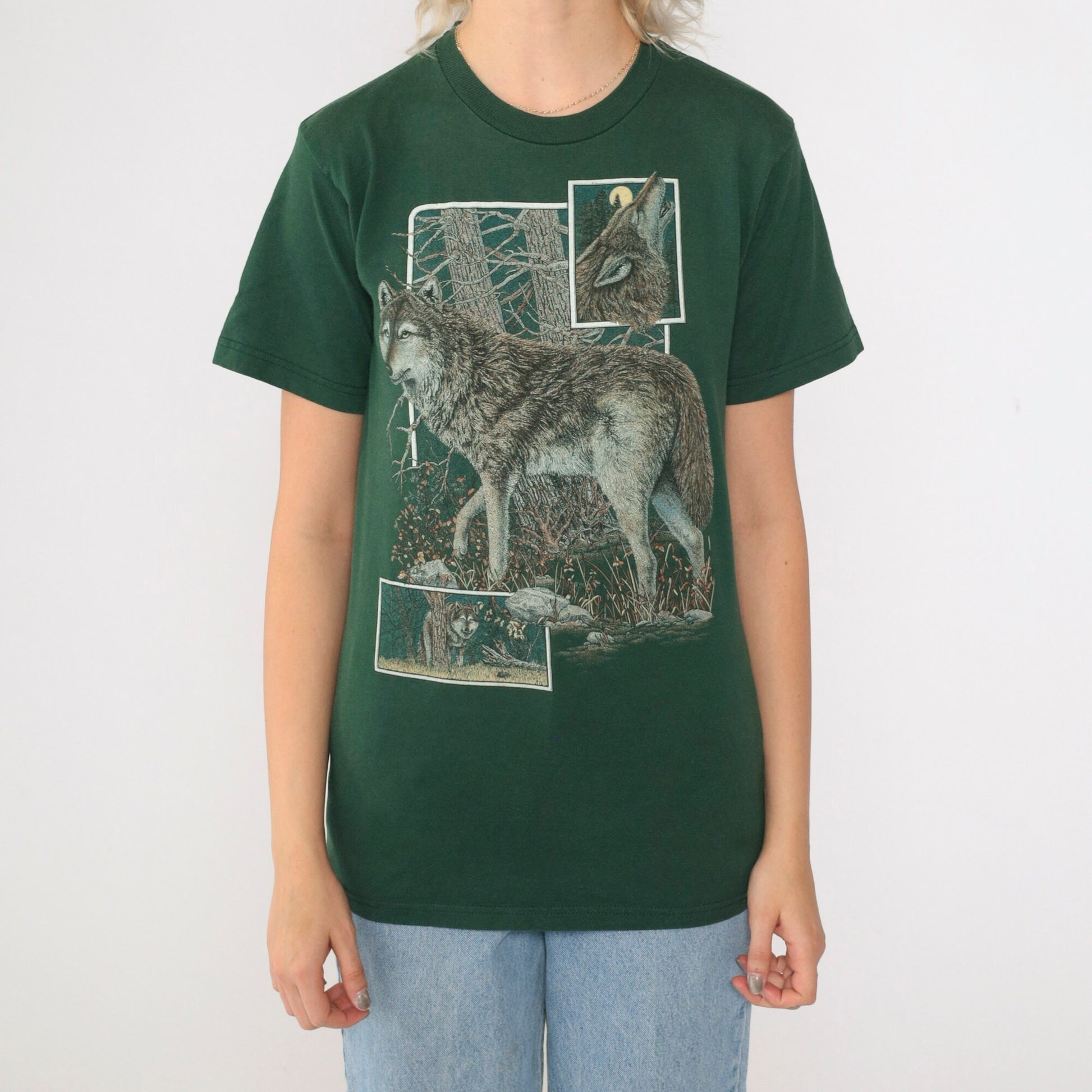 90s Wolf Graphic T-Shirt Green Cotton Crewneck Small S