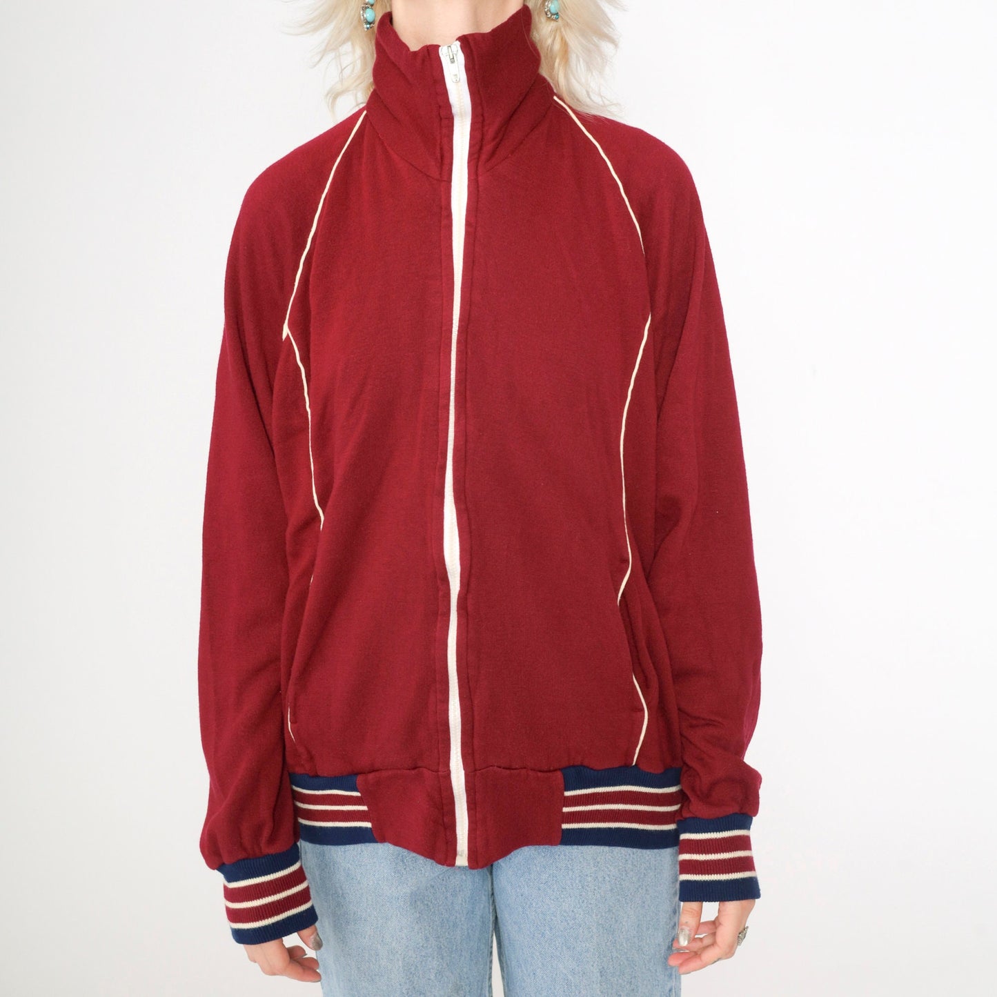 80s Burgundy Track Jacket Zip Up Sweatshirt White Striped Raglan Medium M