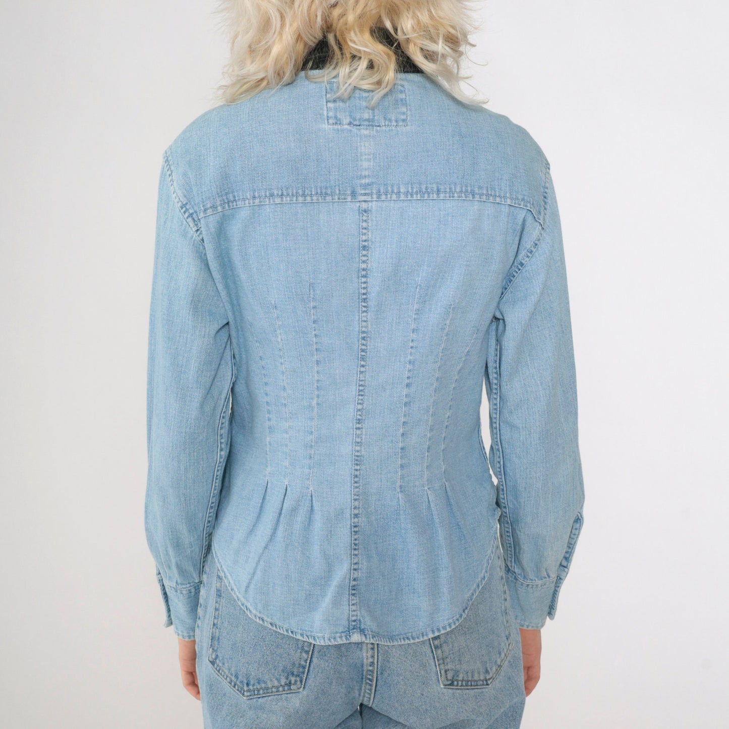 90s Express Jeans Denim Western Shirt Pearl Snap Velvet Collar Blue Small