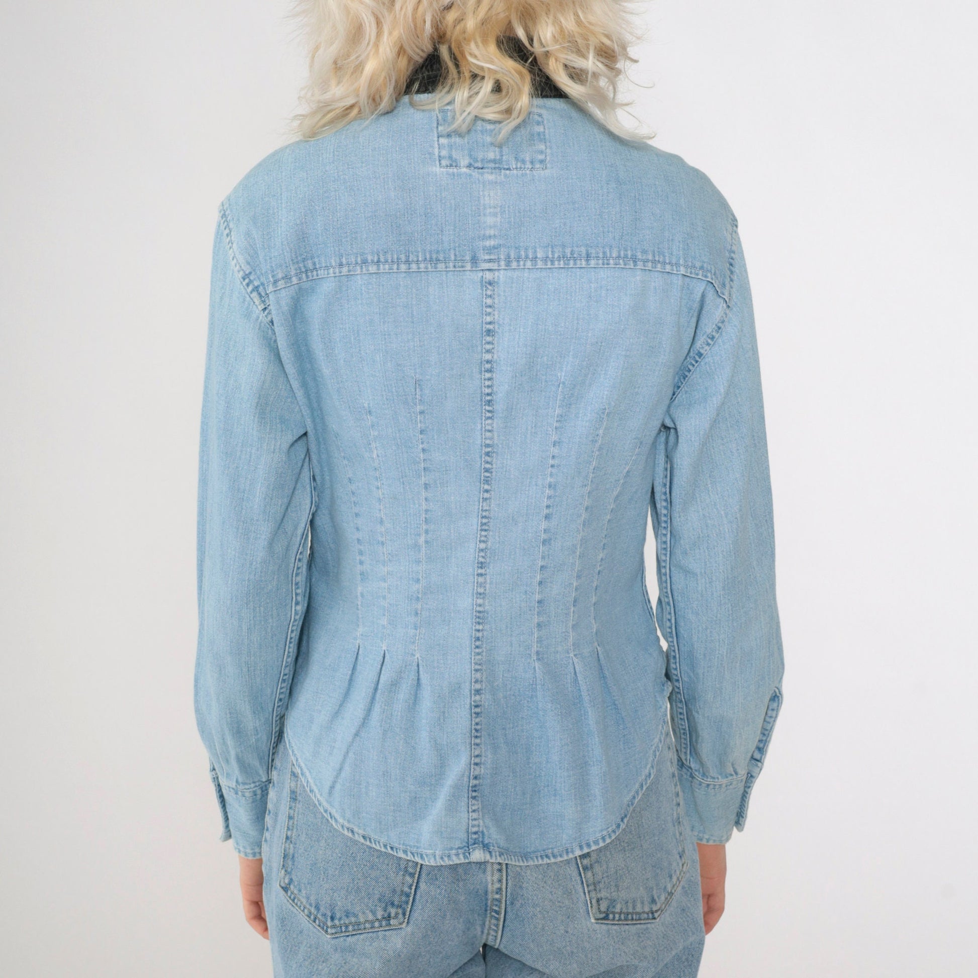90s Express Jeans Denim Western Shirt Pearl Snap Velvet Collar Blue Small
