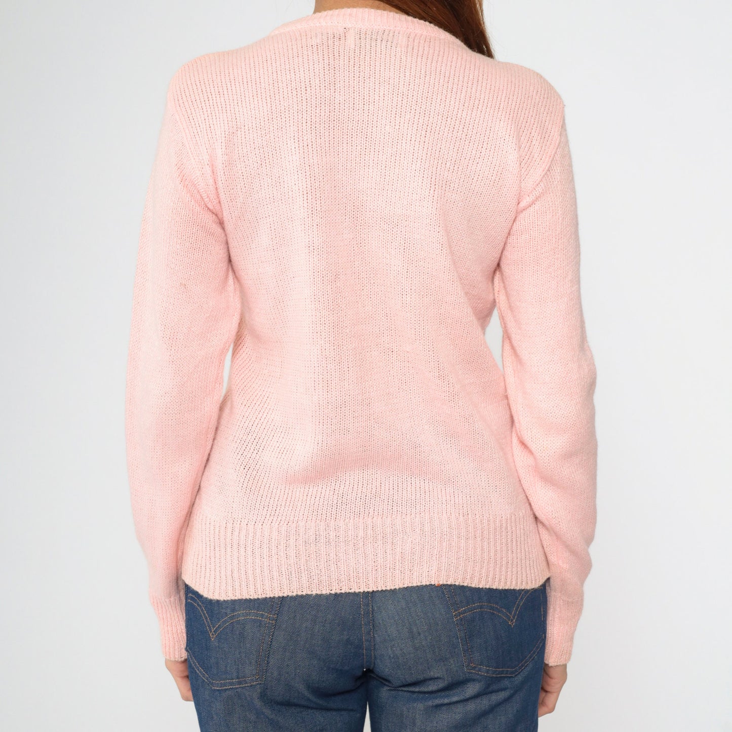 90s Baby Pink Sequin Floral Knit Sweater Beaded Crewneck Small
