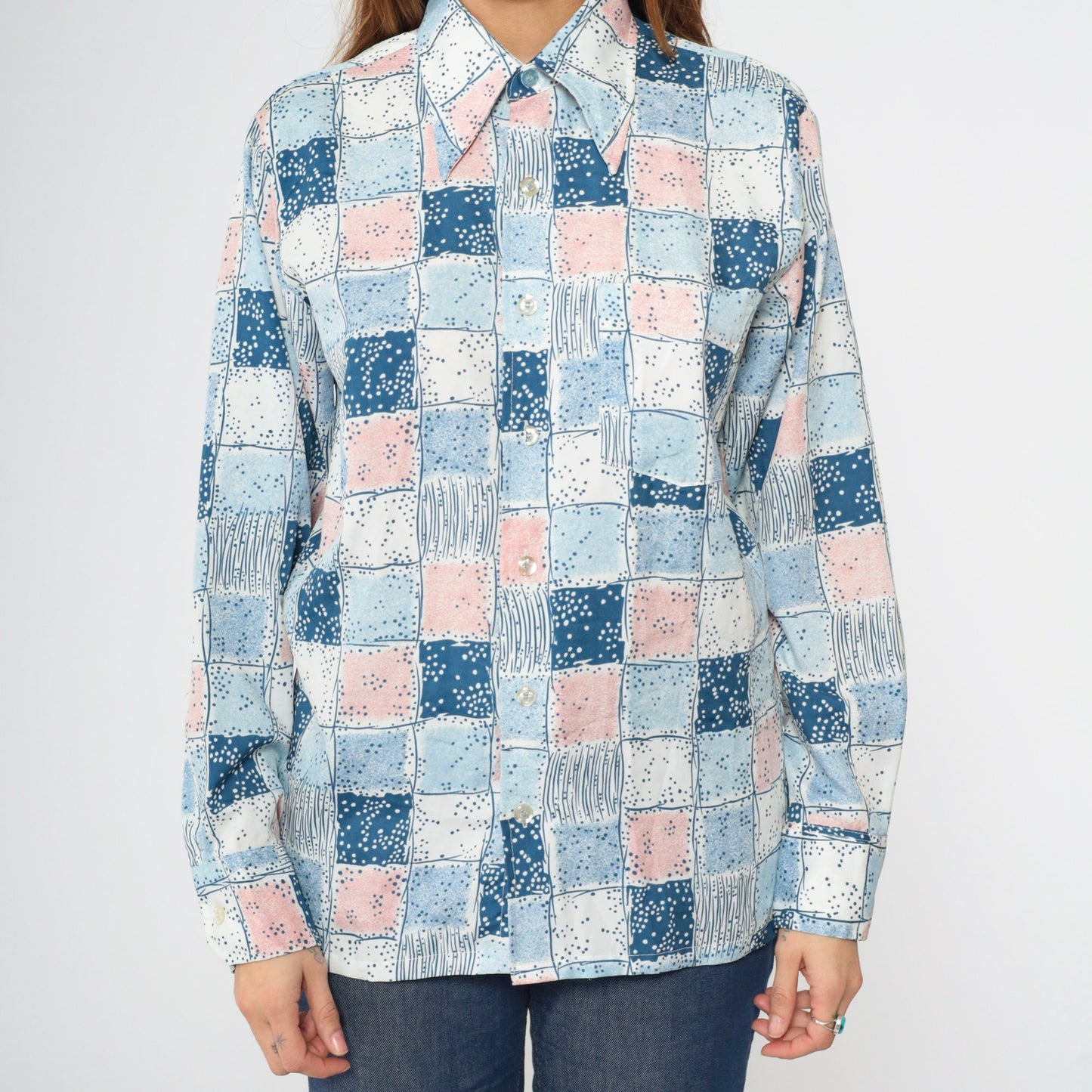 70s Checkered Button-Up Shirt Pink Blue Dagger Collar Long Sleeve Men's Medium
