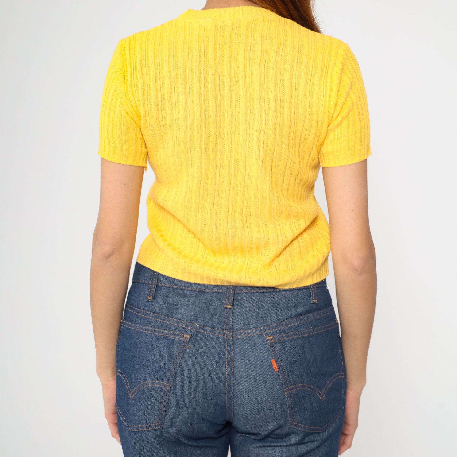 90s Yellow Cropped Ribbed Knit Sweater Short Sleeve Small S