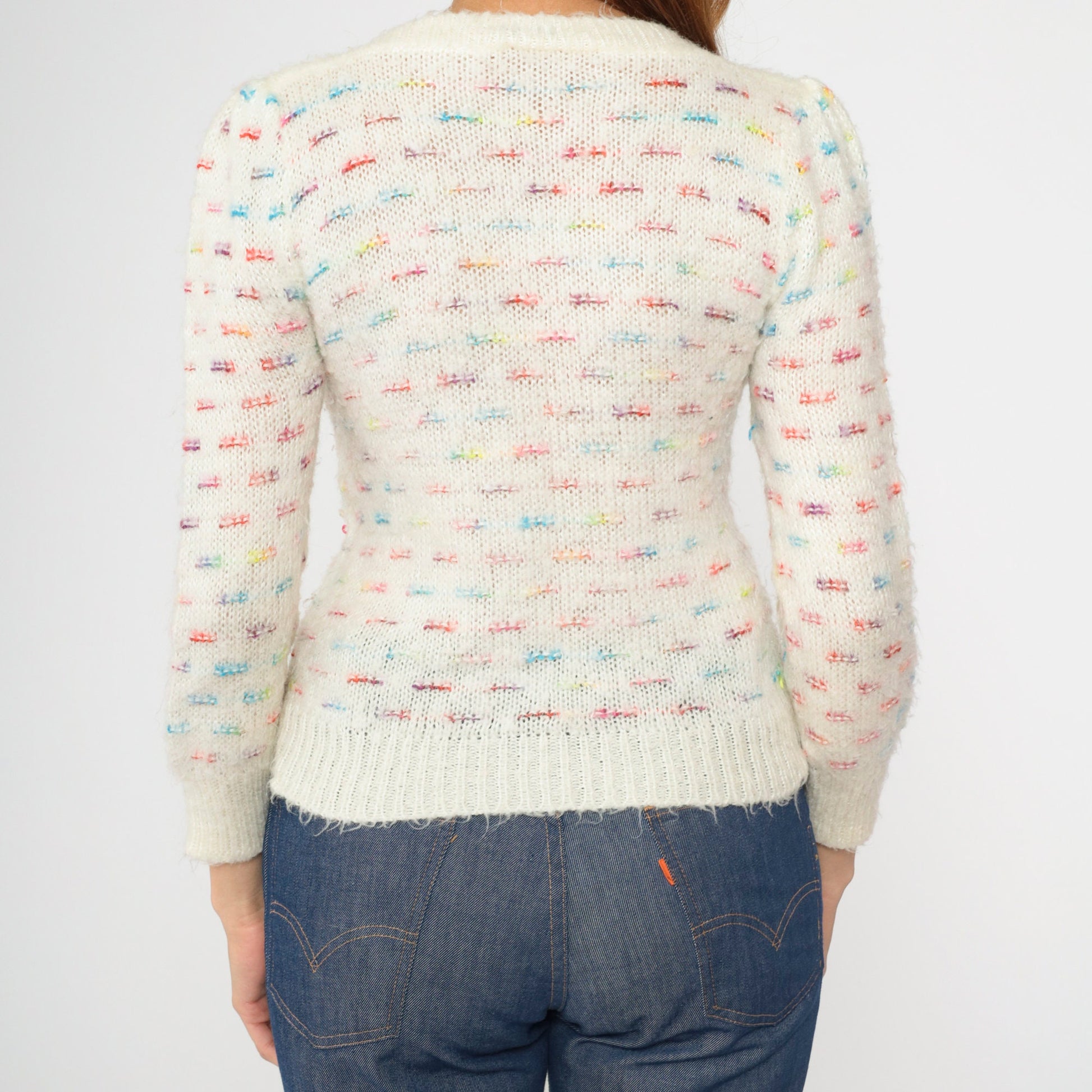 80s White Rainbow Striped Puff Sleeve Knit Sweater Boatneck Pullover XS