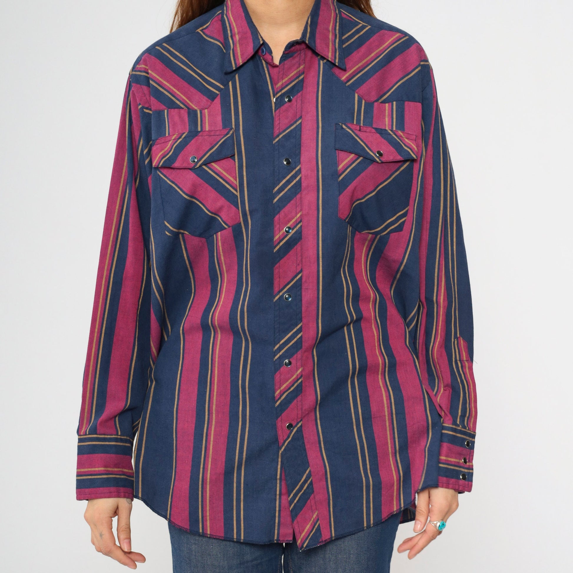80s Rustler Western Shirt Pearl Snap Blue Fuchsia Striped X-Long Tails Extra Large