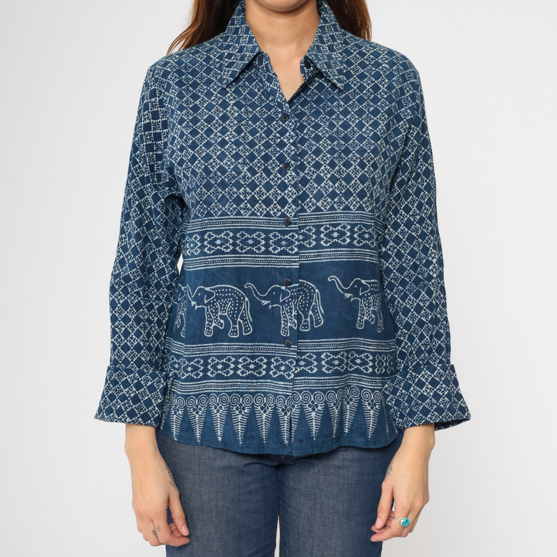 Y2K Blue Batik Elephant Print Button-Up Blouse Long Sleeve Medium