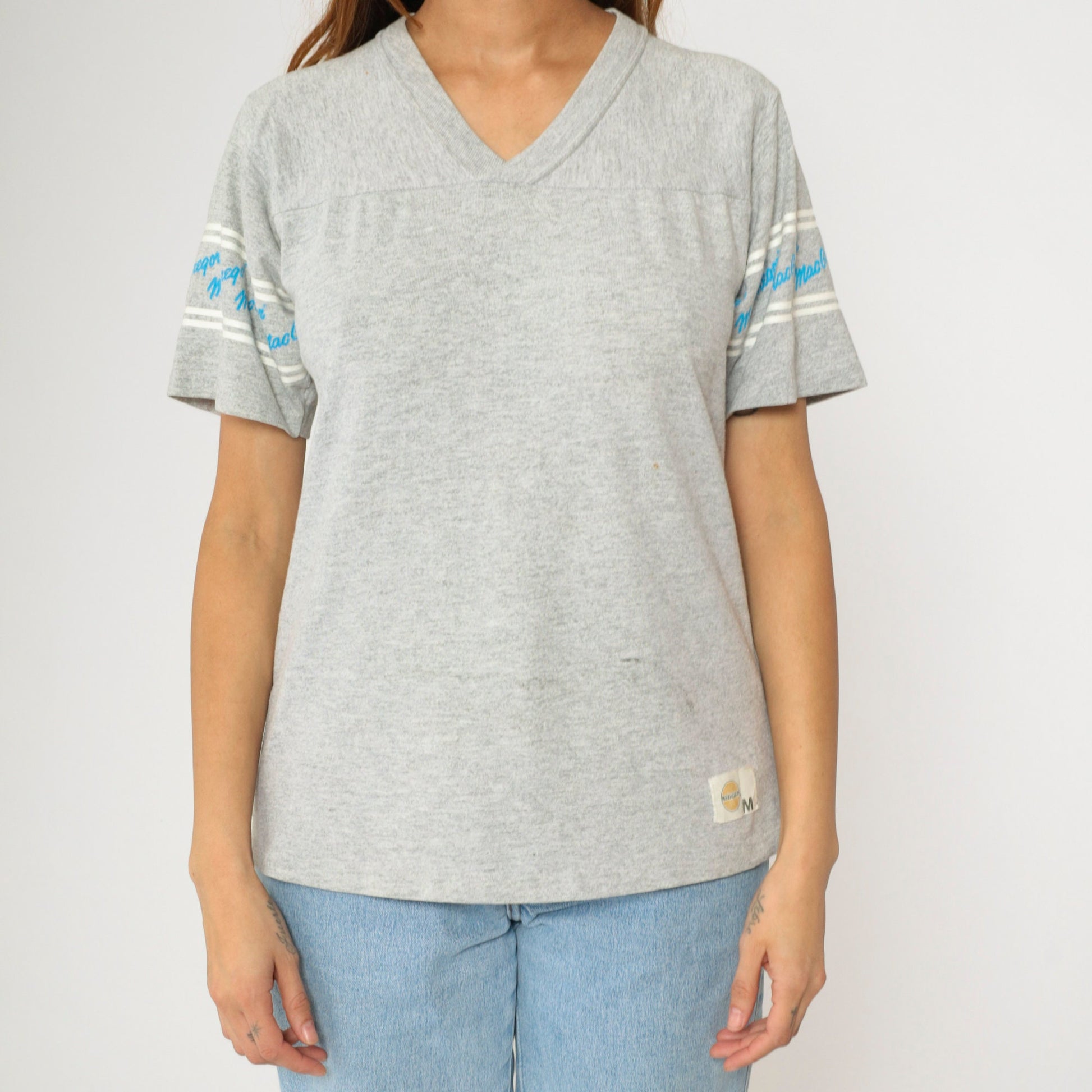 80s MacGregor V-Neck T-Shirt Grey Spellout Sleeve Tee Medium