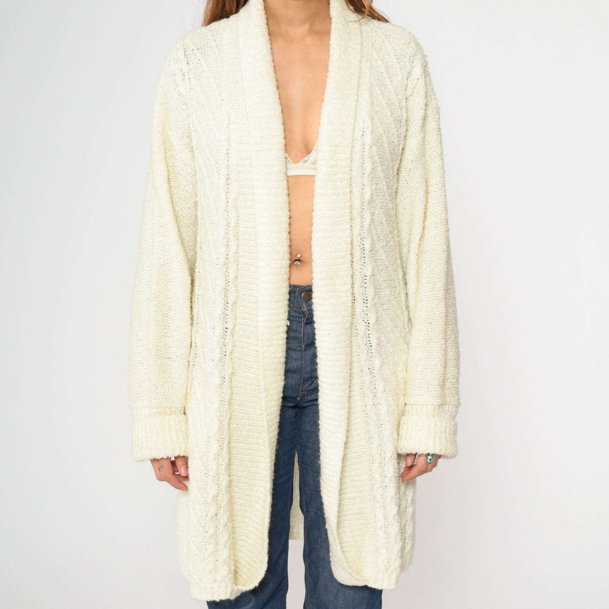 90s Cream Cardigan Open Front Longline Knit Sweater Medium