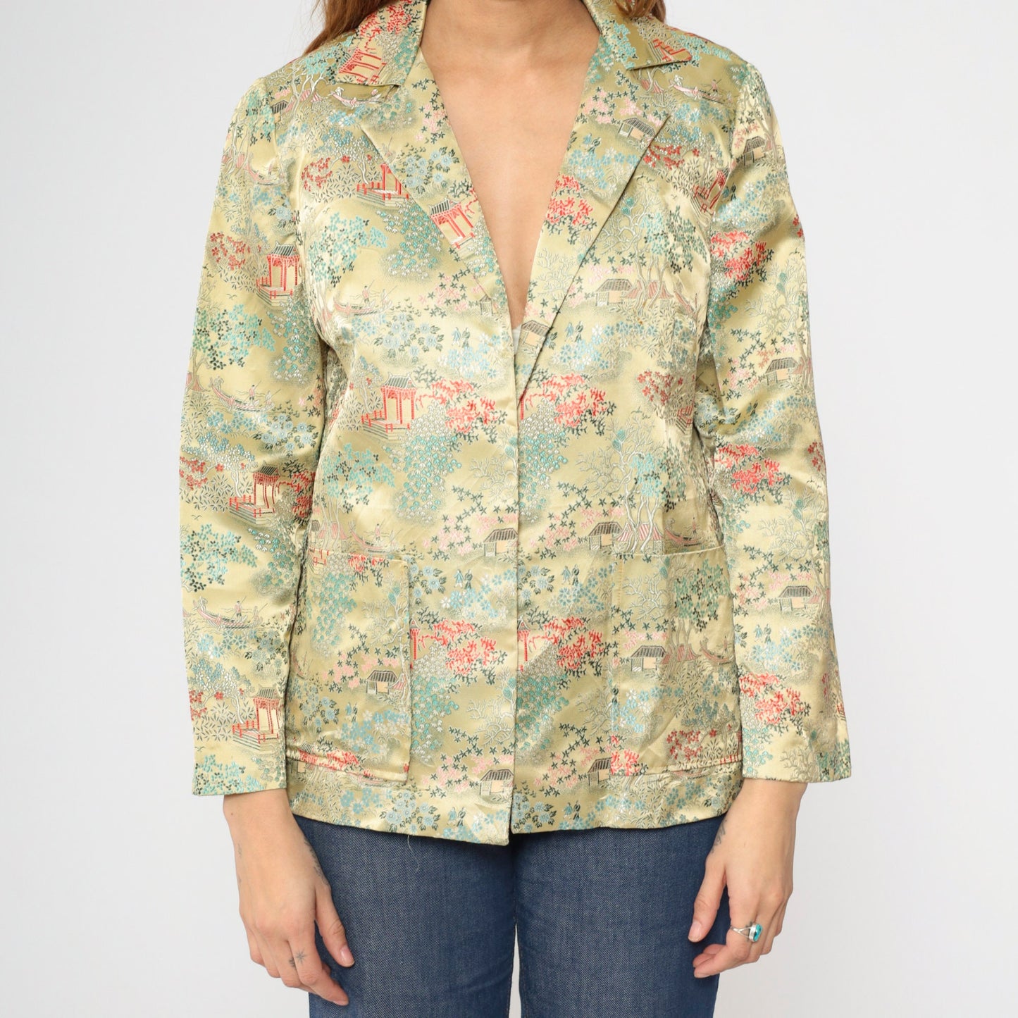 80s Asian Landscape Satin Blazer Yellow Pagoda Print Notched Collar Medium