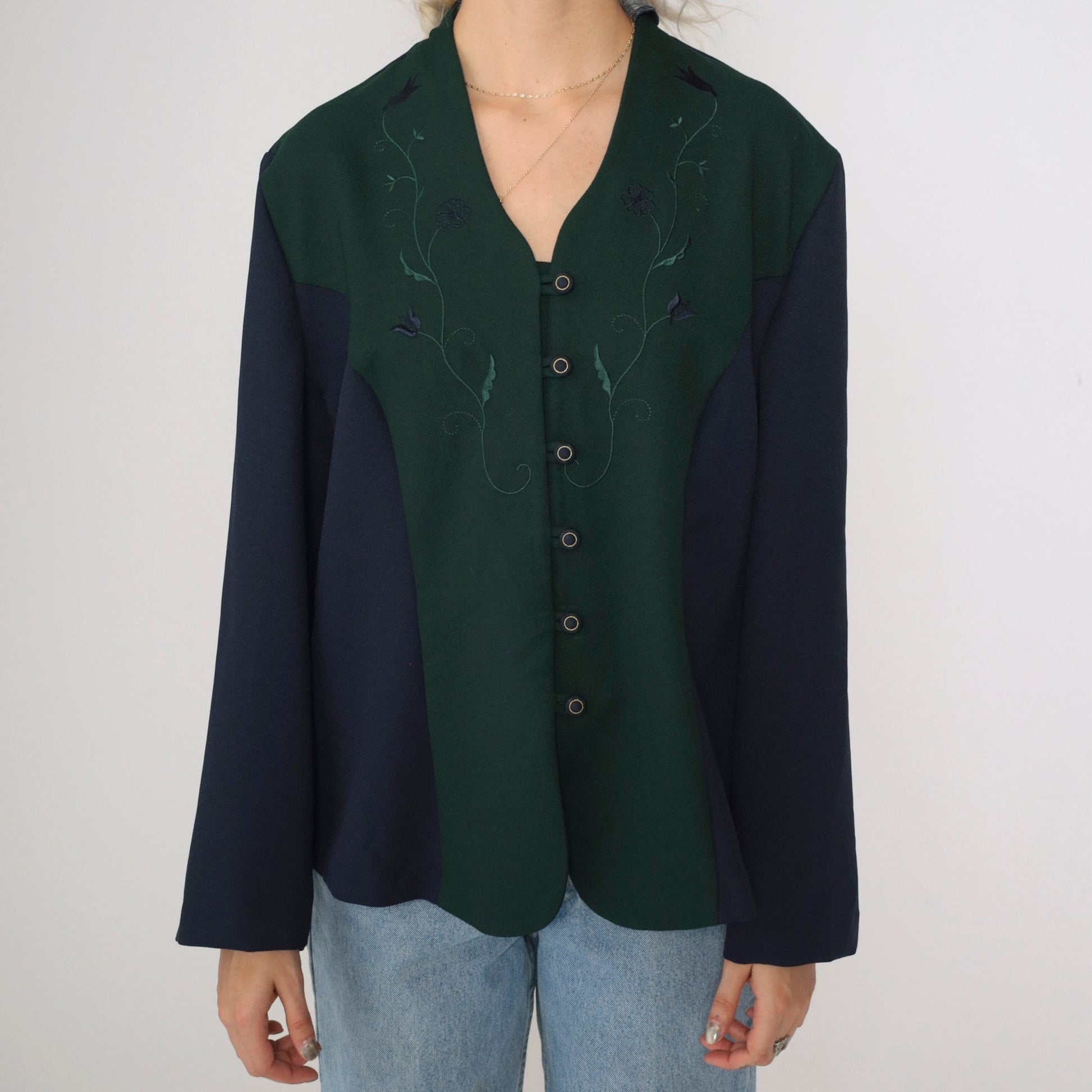 90s Pride & Joy Floral Embroidered Color Block Blouse Green Navy Large Petite
