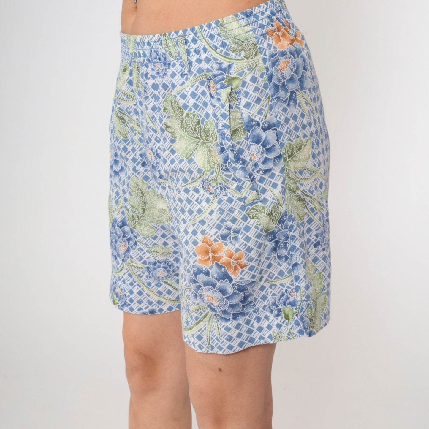 90s Lizwear Batik Floral Shorts Blue Cotton High Waist Small
