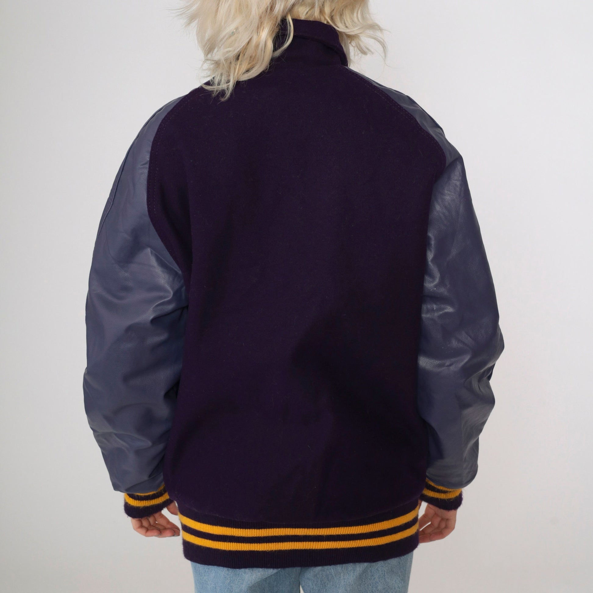00s Neff Wool Varsity Jacket Purple Faux Leather Sleeves Magic Lamp Small