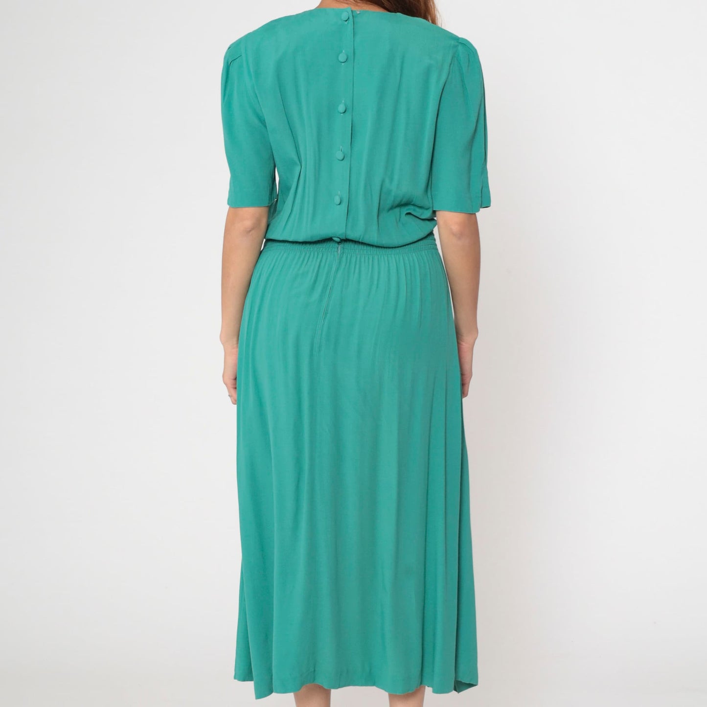 80s Karin Stevens Green Midi Dress Embroidered Lace Puff Sleeve Button Back Medium