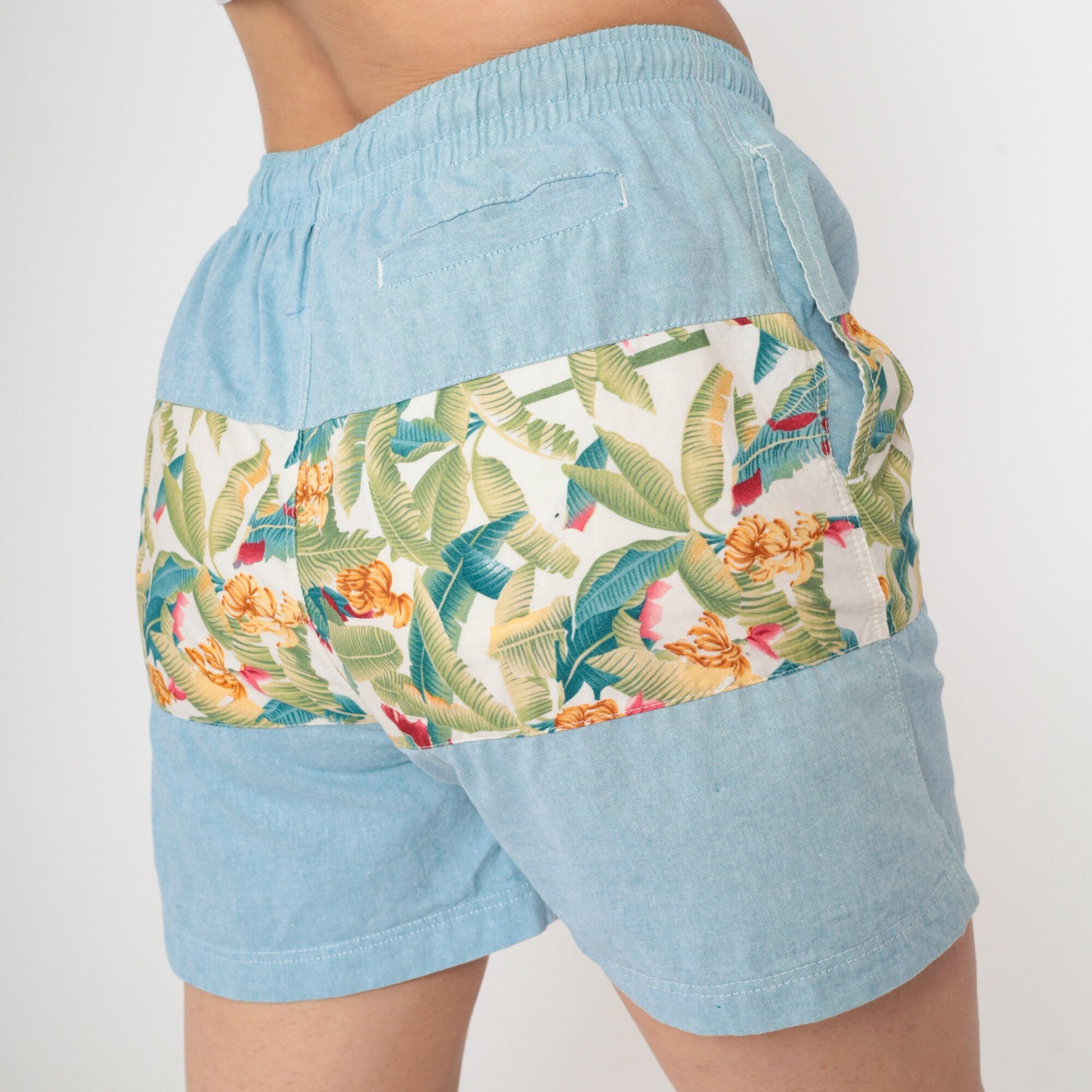 Y2K Tropical Banana Leaf Beach Shorts Blue Chambray Drawstring Small