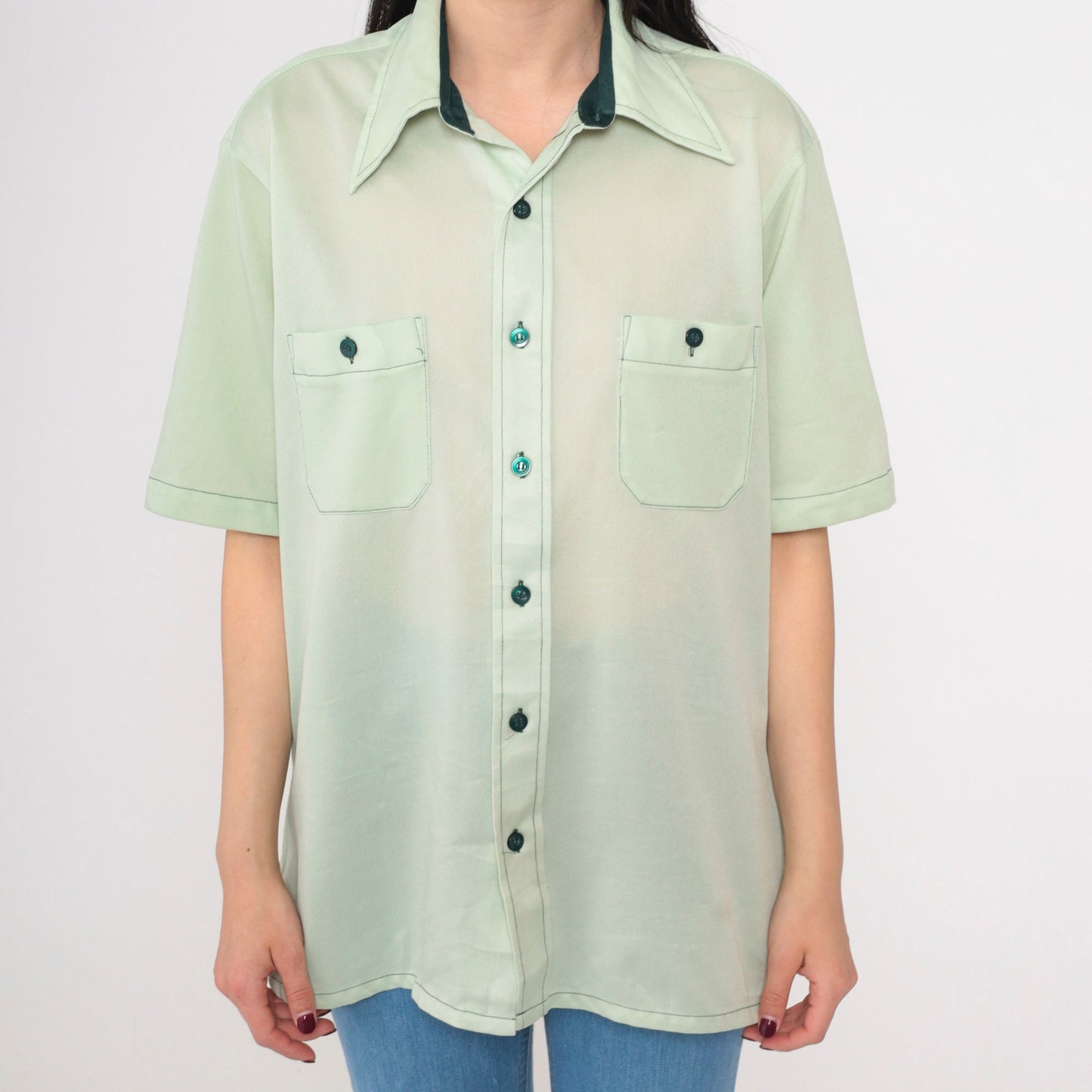 70s Mint Green Button Up Shirt Short Sleeve Collared Chest Pockets Large