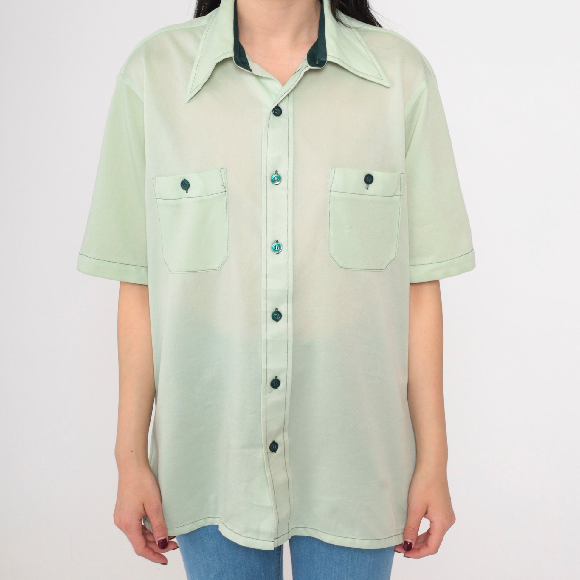 70s Mint Green Button Up Shirt Short Sleeve Collared Chest Pockets Large