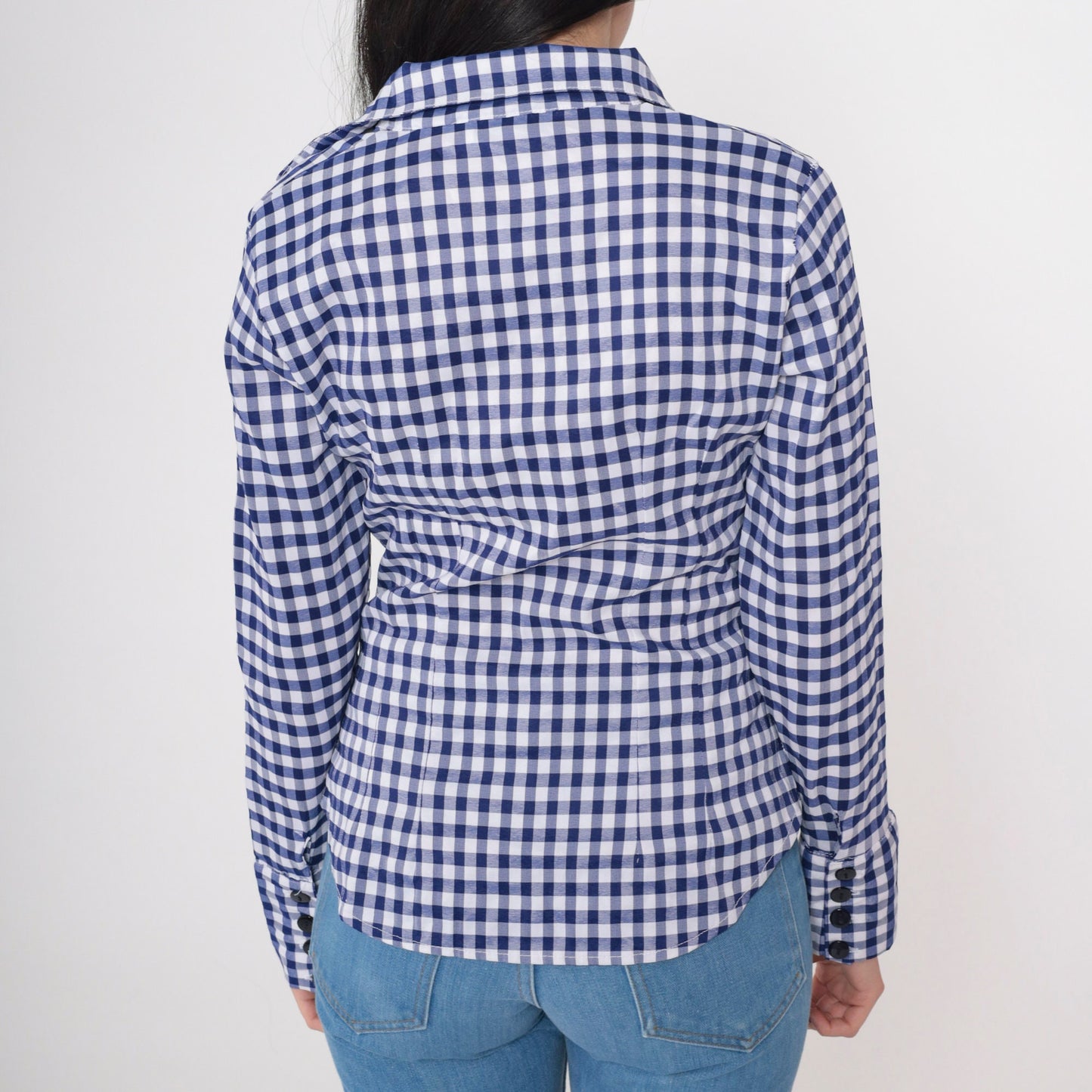 80s Blue Gingham Button-Up Blouse Princess Seam V-Neck Long Sleeve Small S