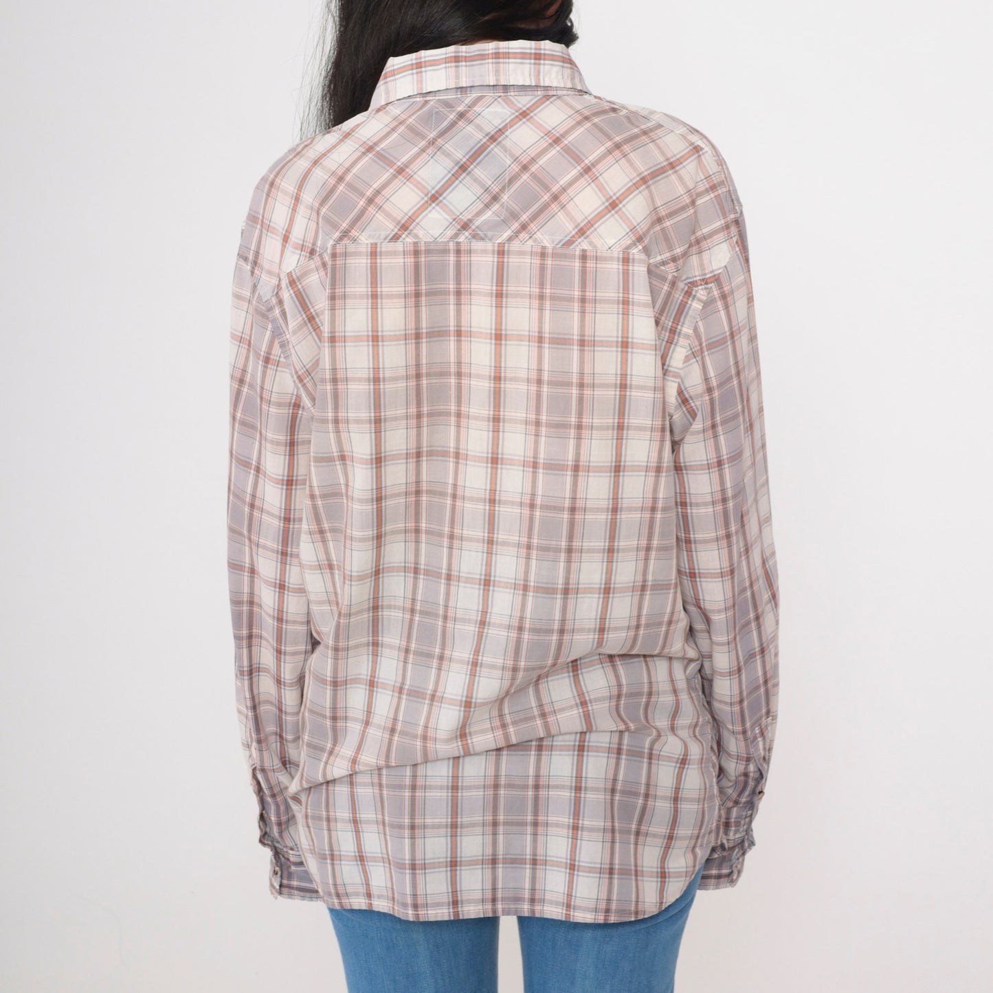 Y2K Levi's Plaid Button-Up Shirt Grey Orange Off-White Tartan Roll Tab Sleeve Large