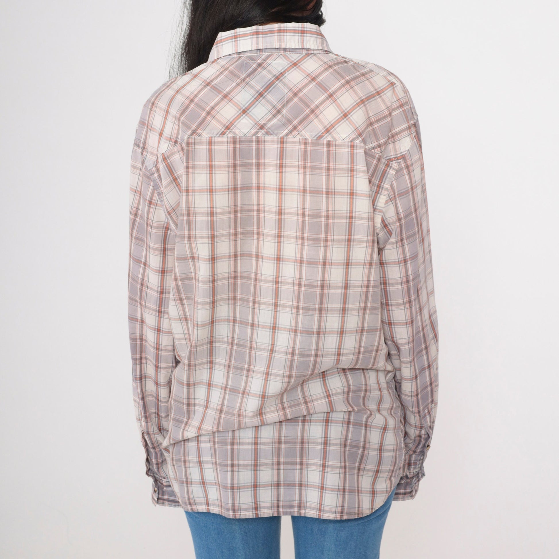 Y2K Levi's Plaid Button-Up Shirt Grey Orange Off-White Tartan Roll Tab Sleeve Large