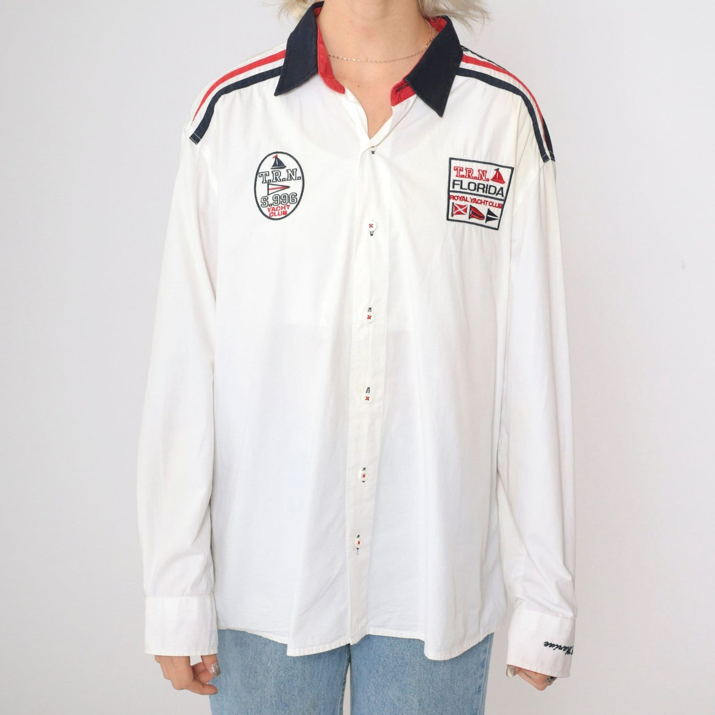 00s Royal Yacht Club Embroidered Button-Up Shirt White Patriotic American Flag Large