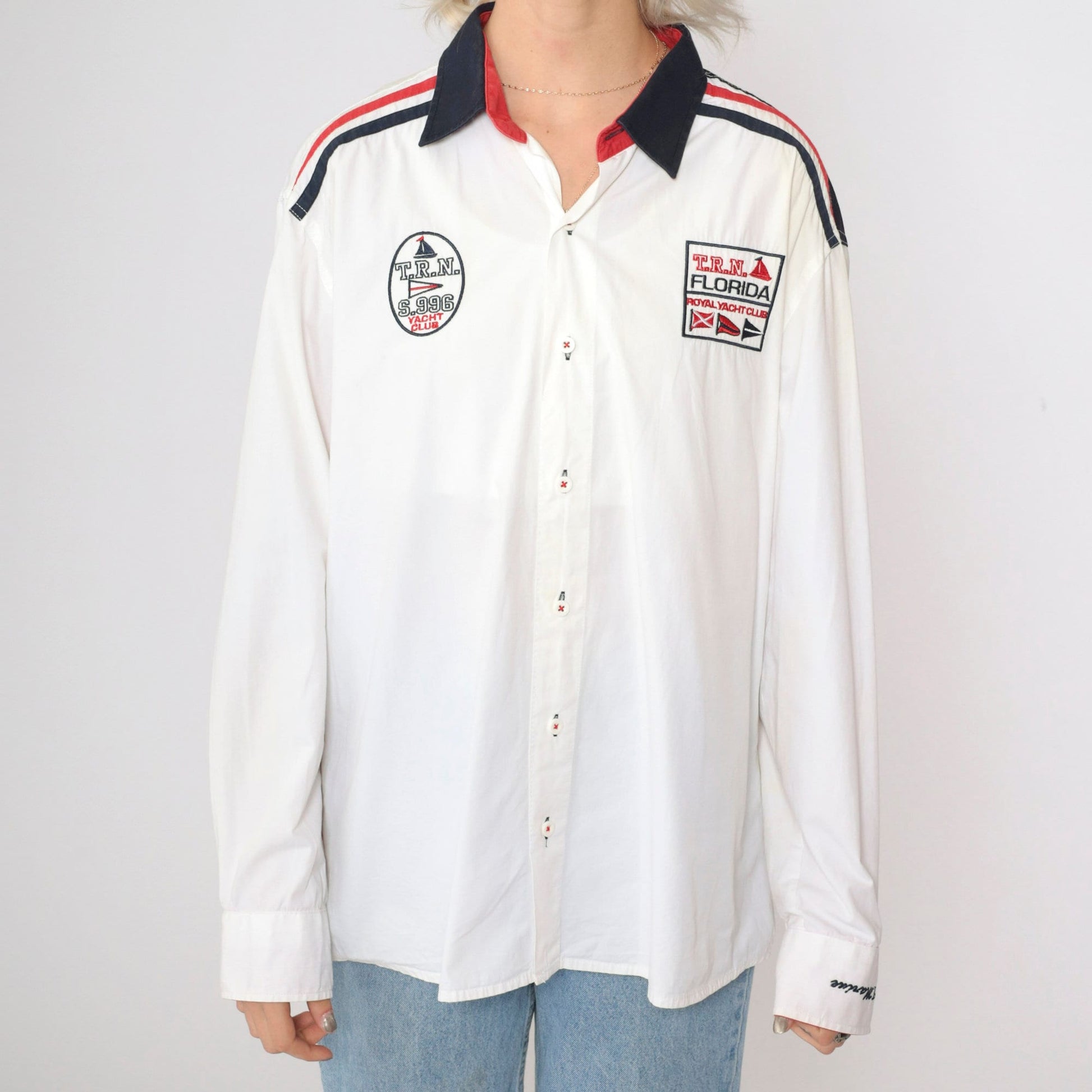 00s Royal Yacht Club Embroidered Button-Up Shirt White Patriotic American Flag Large