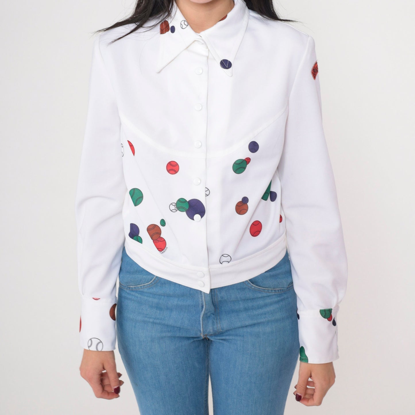70s Oleg Cassini Tennis Ball Print Blouse White Dagger Collar Medium