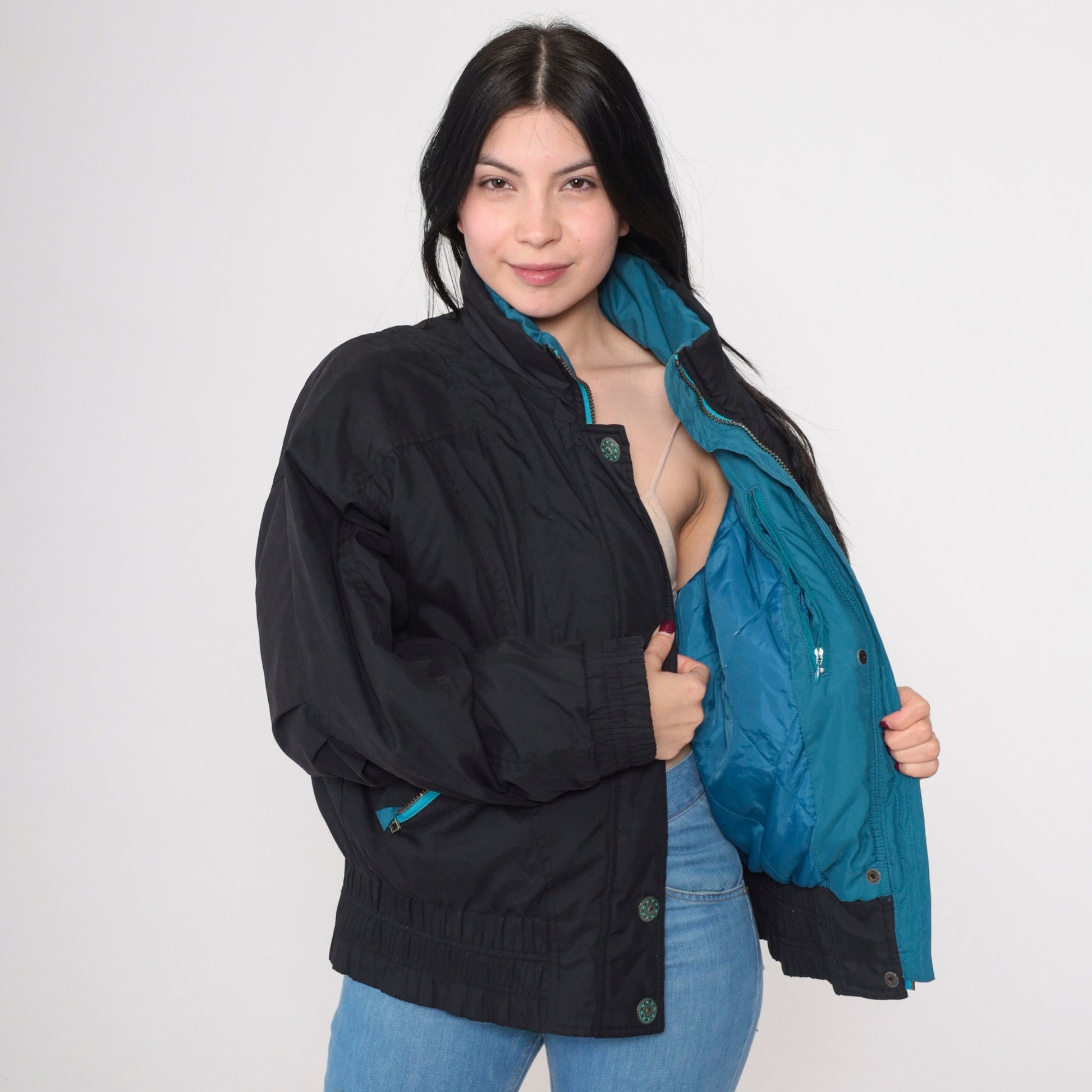 90s Black Puffer Ski Jacket Turquoise Trim Windbreaker Extra Large XL