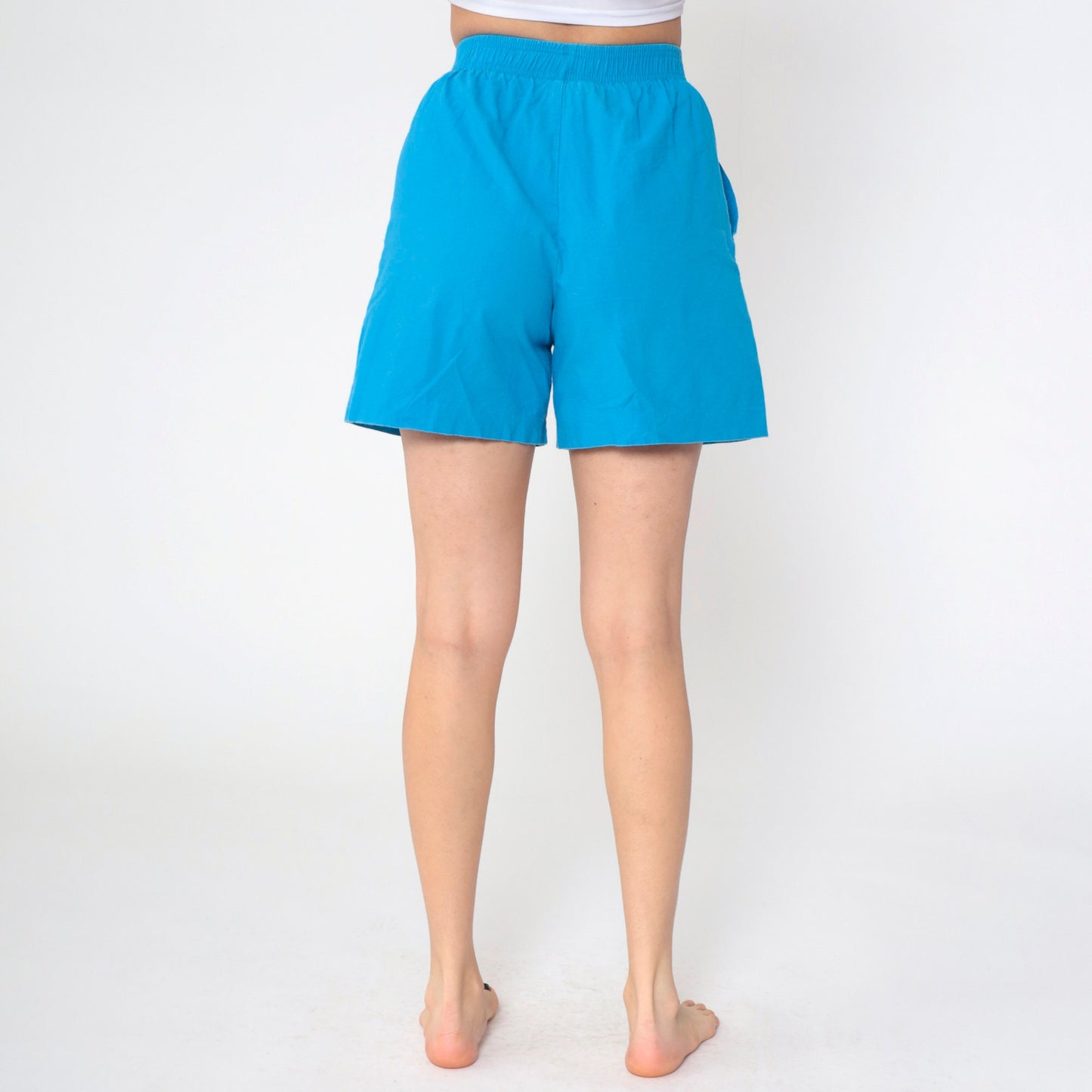 90s Blue Cotton Lounge Shorts High Waist Elastic Waist Small S