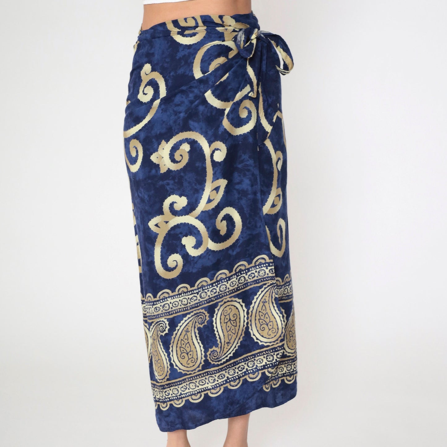 Y2K Sarong Wrap Skirt Paisley Scroll Print Dark Blue Midi Medium Large