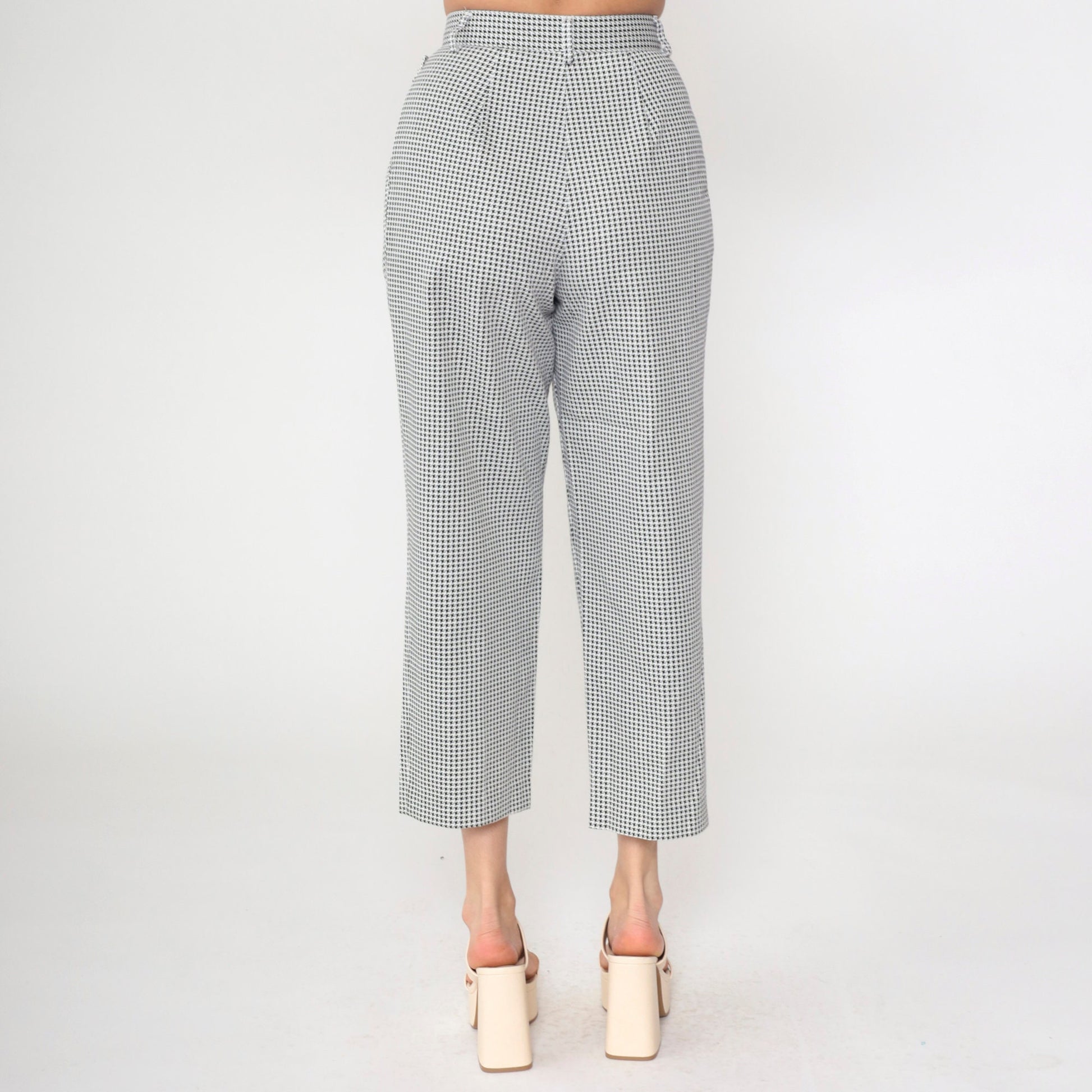 90s Houndstooth Cropped Trousers High Waist Pleated Black White Small