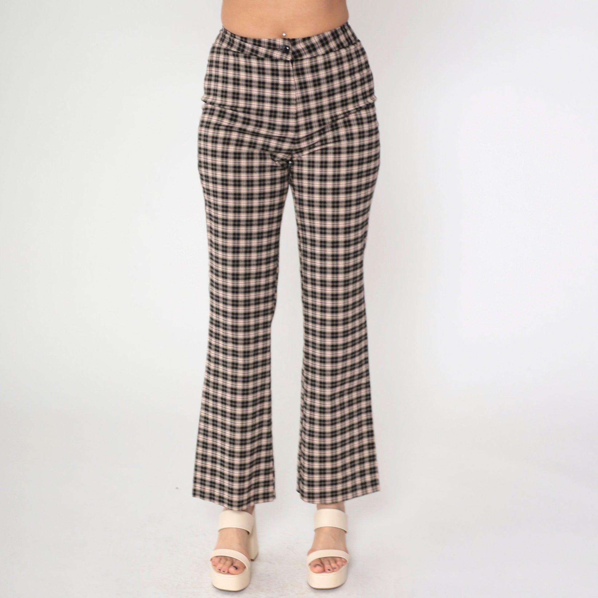 90s Star City Plaid Flared Trousers Black Tan Mid Rise Small 7