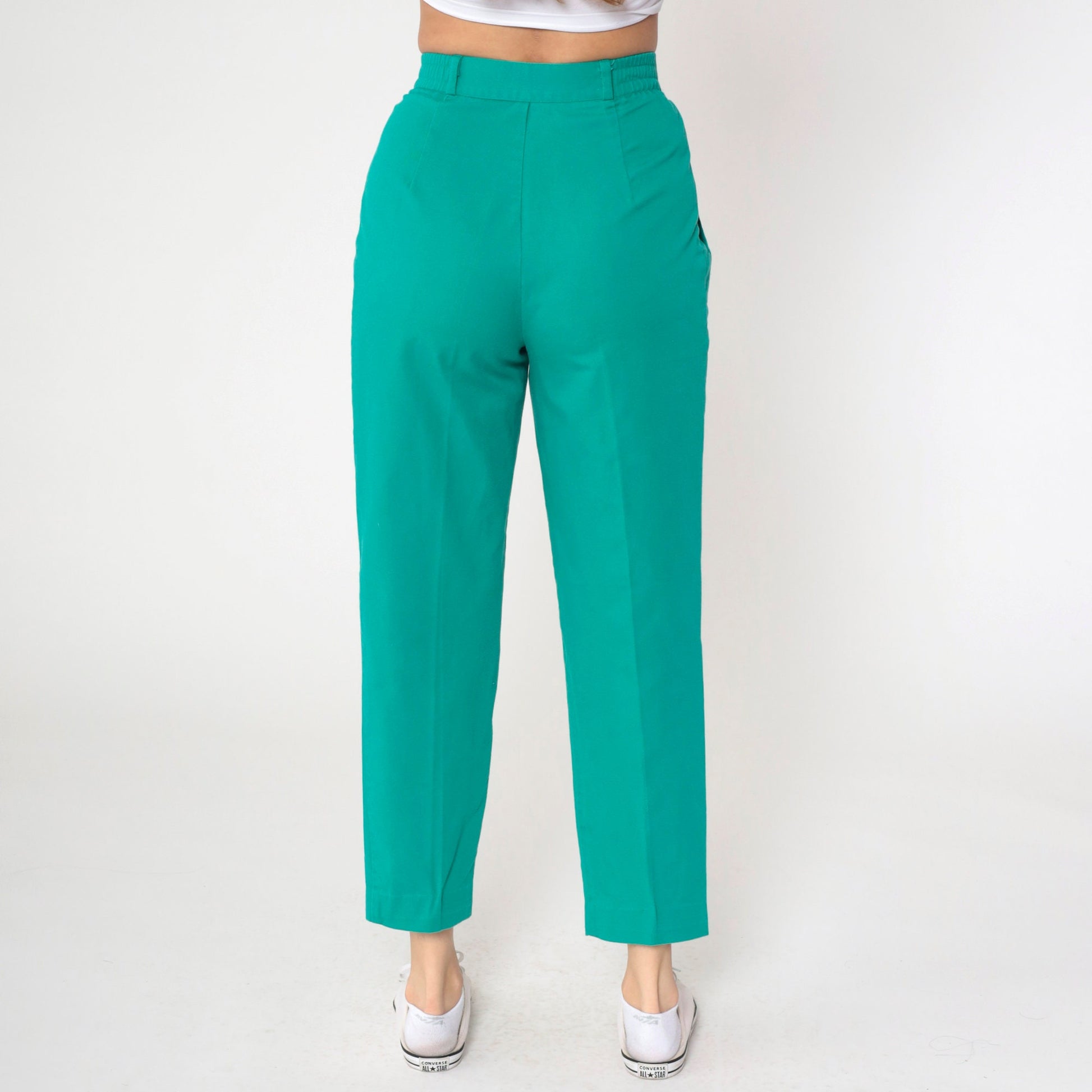 80s Green Pleated High-Rise Trousers Elastic Waist Tapered Small