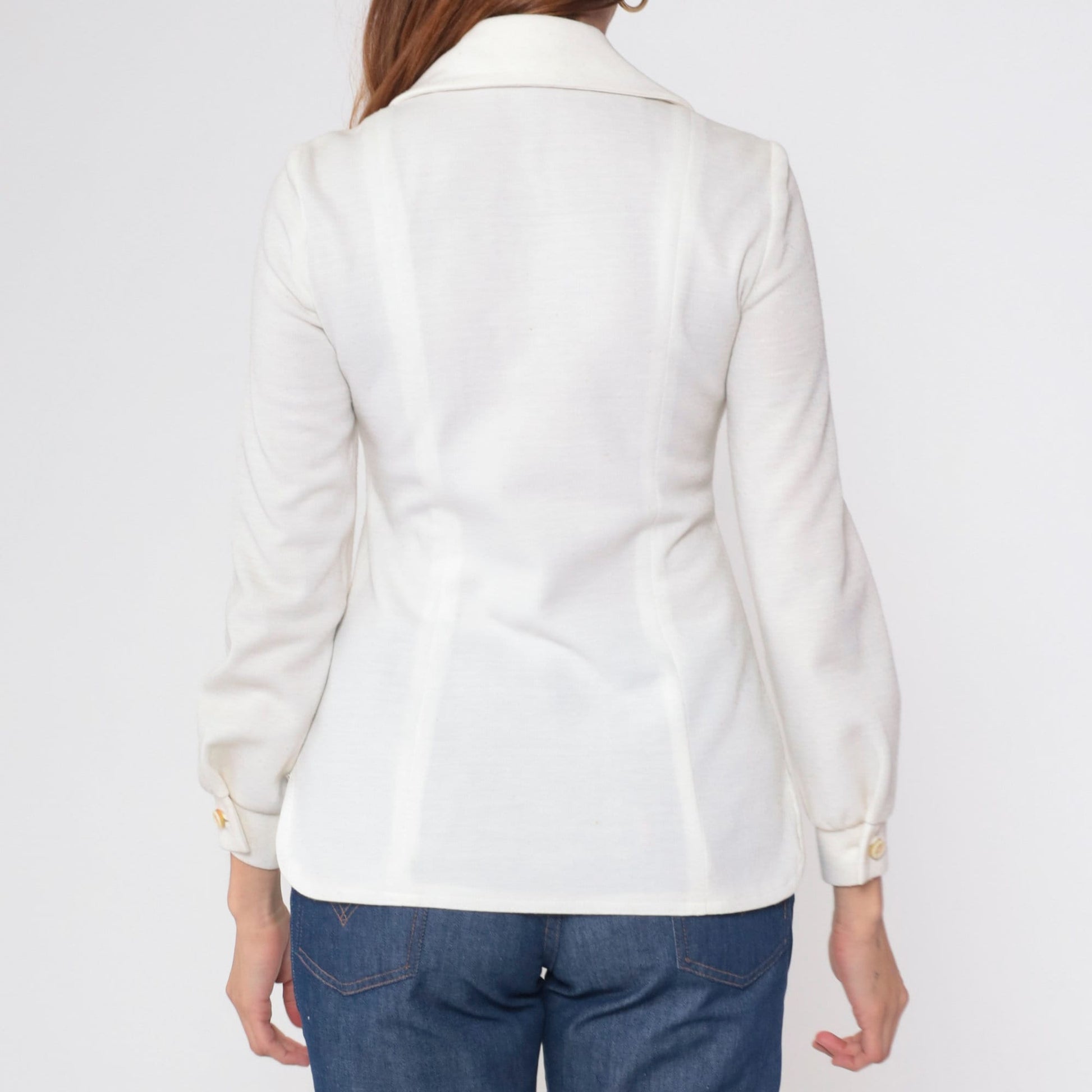70s Floral Embroidered White Button-Up Blouse Long Sleeve Small