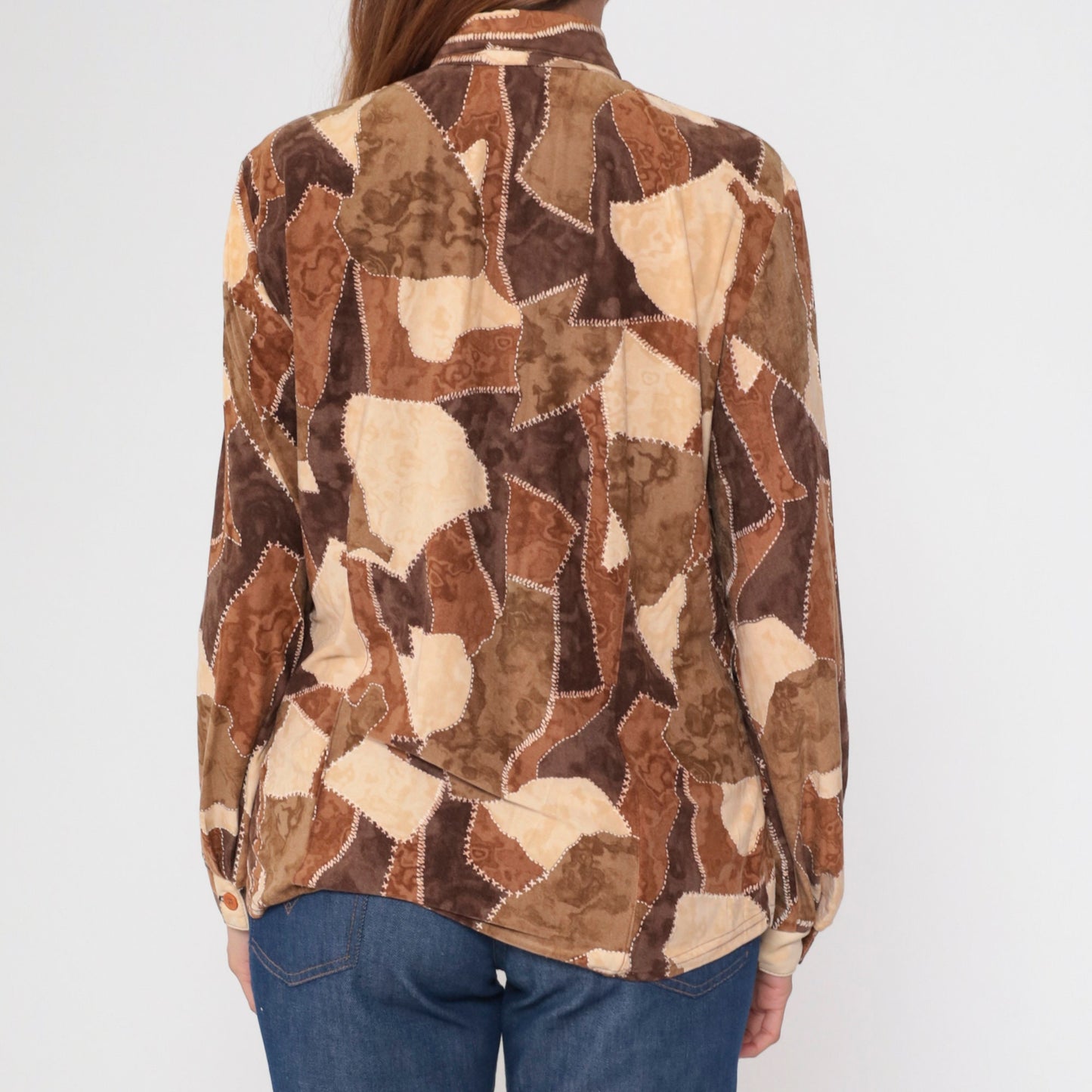 90s Brown Patchwork Button-Up Blouse Long Sleeve Collared Shirt Small S