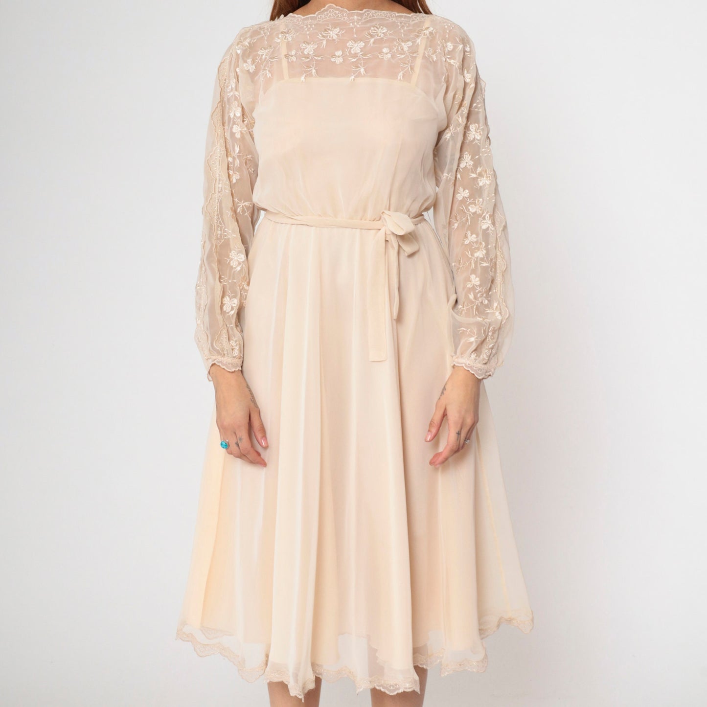 70s Beige Chiffon Midi Dress Floral Embroidery Illusion Neckline Small