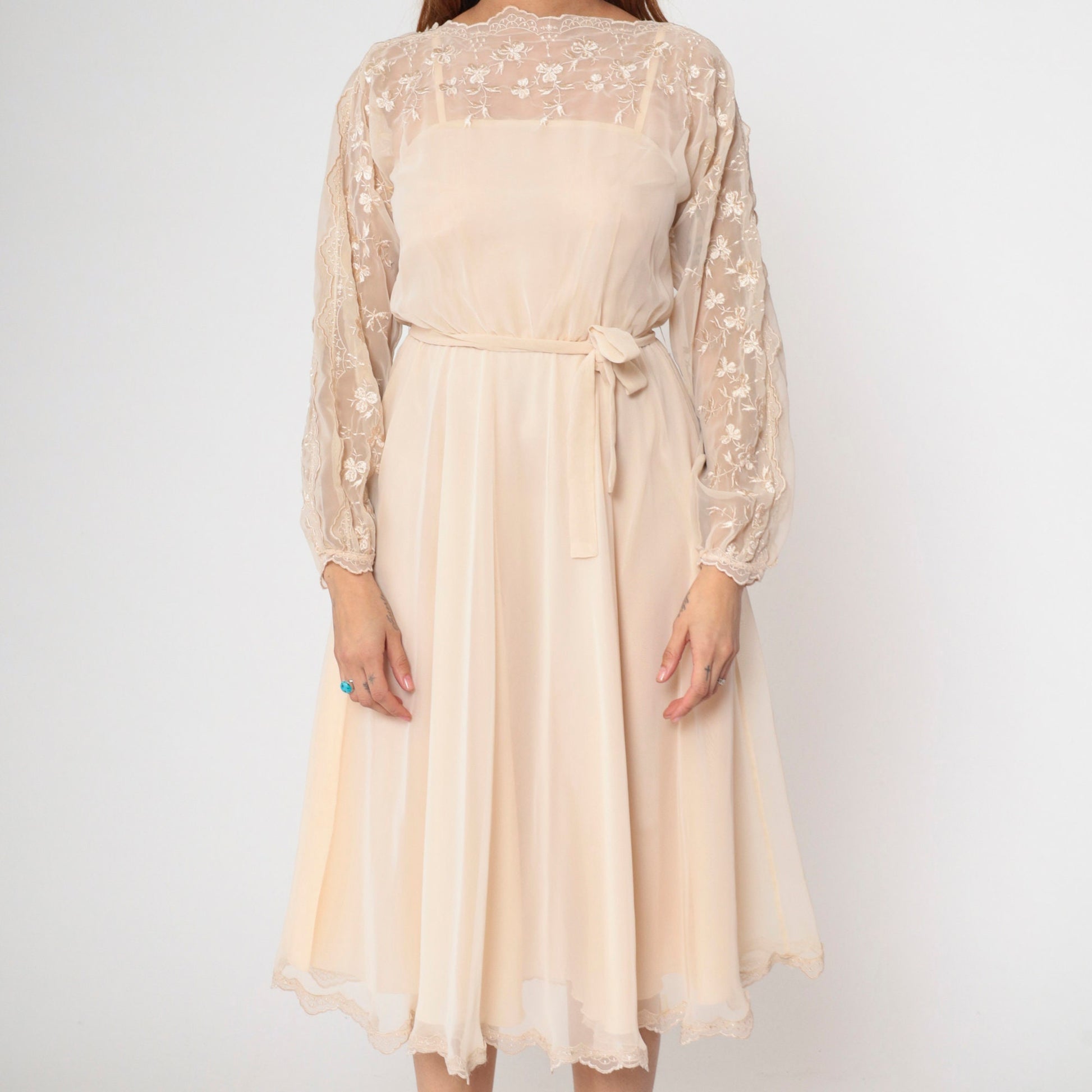 70s Beige Chiffon Midi Dress Floral Embroidery Illusion Neckline Small