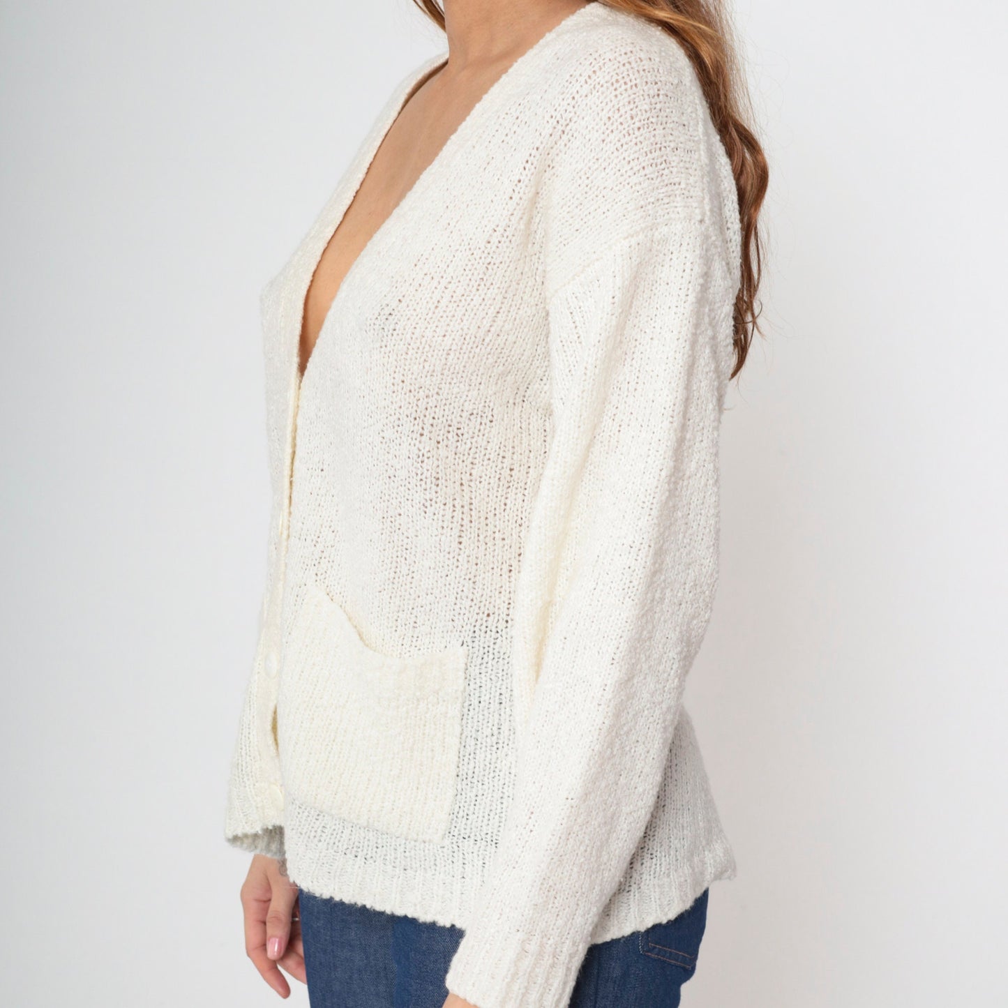 80s Off-White Cardigan Button-Up Knit Sweater V-Neck Pockets Medium