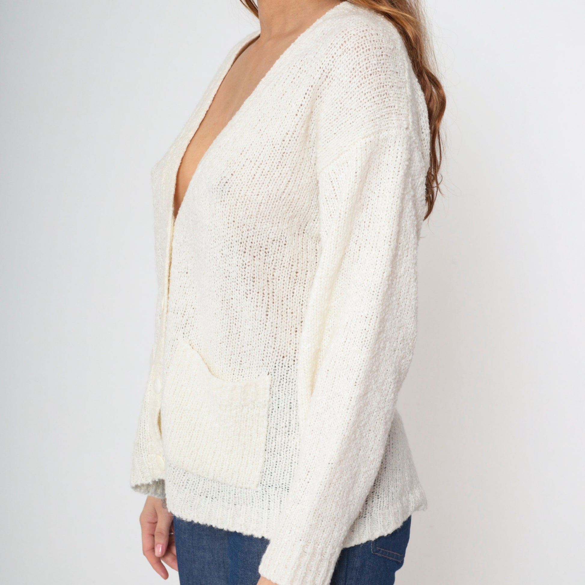 80s Off-White Cardigan Button-Up Knit Sweater V-Neck Pockets Medium