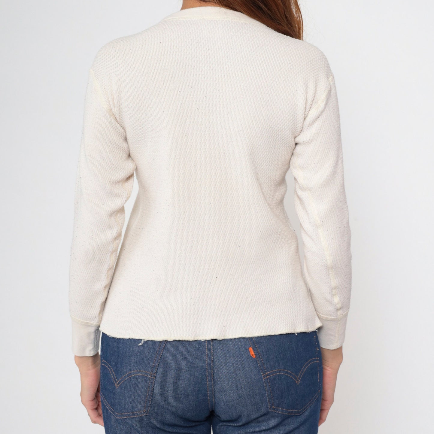 80s Cream Thermal Undershirt Long Sleeve Cotton Knit Medium M