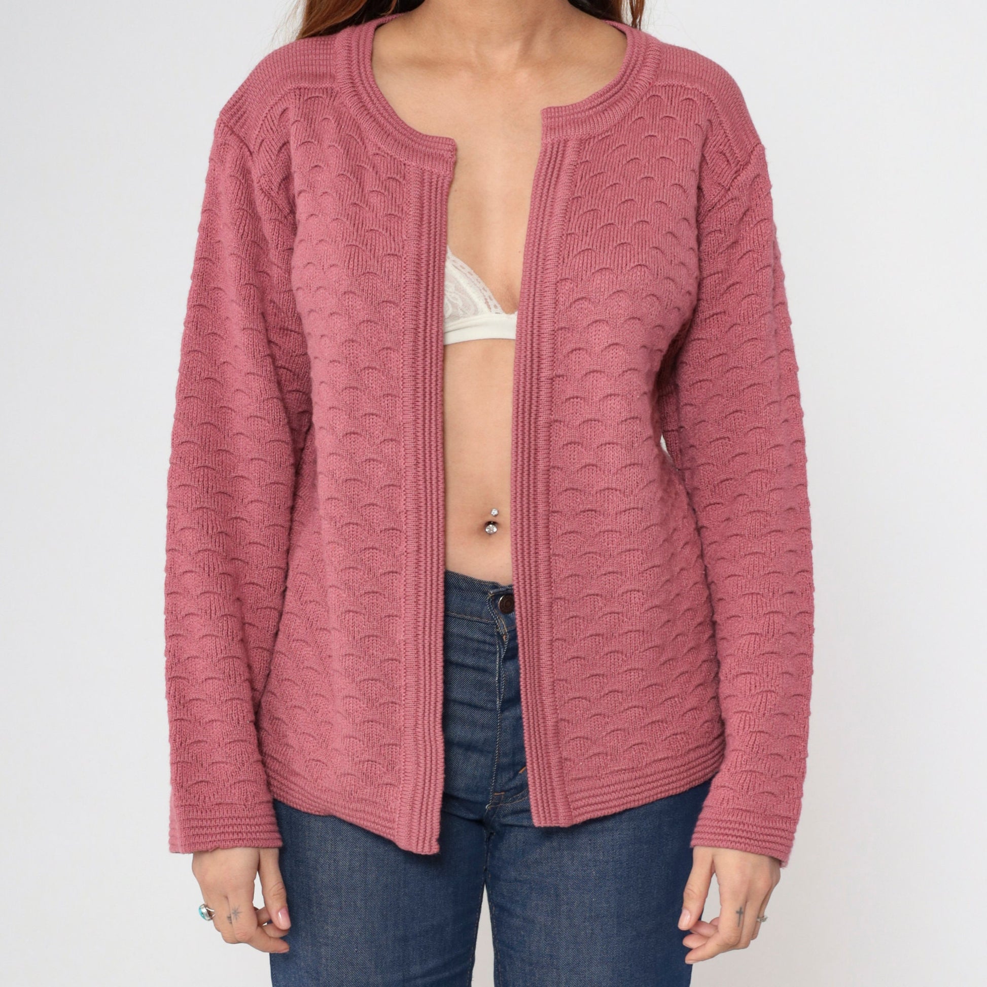 70s Pink Textured Knit Cardigan Open Front Long Sleeve Medium
