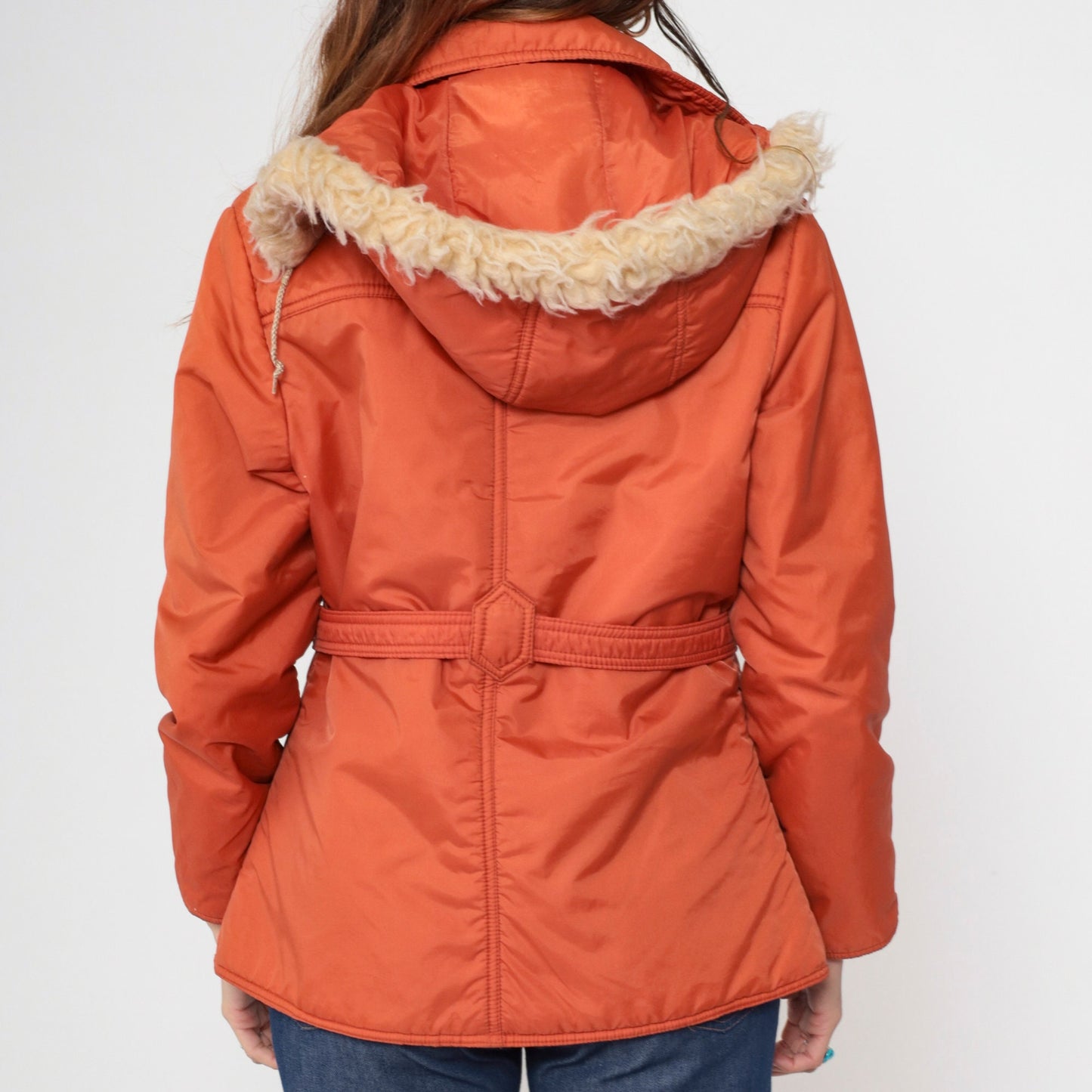70s JC Penney Parka Jacket Burnt Orange Faux Fur Hood Zip Medium