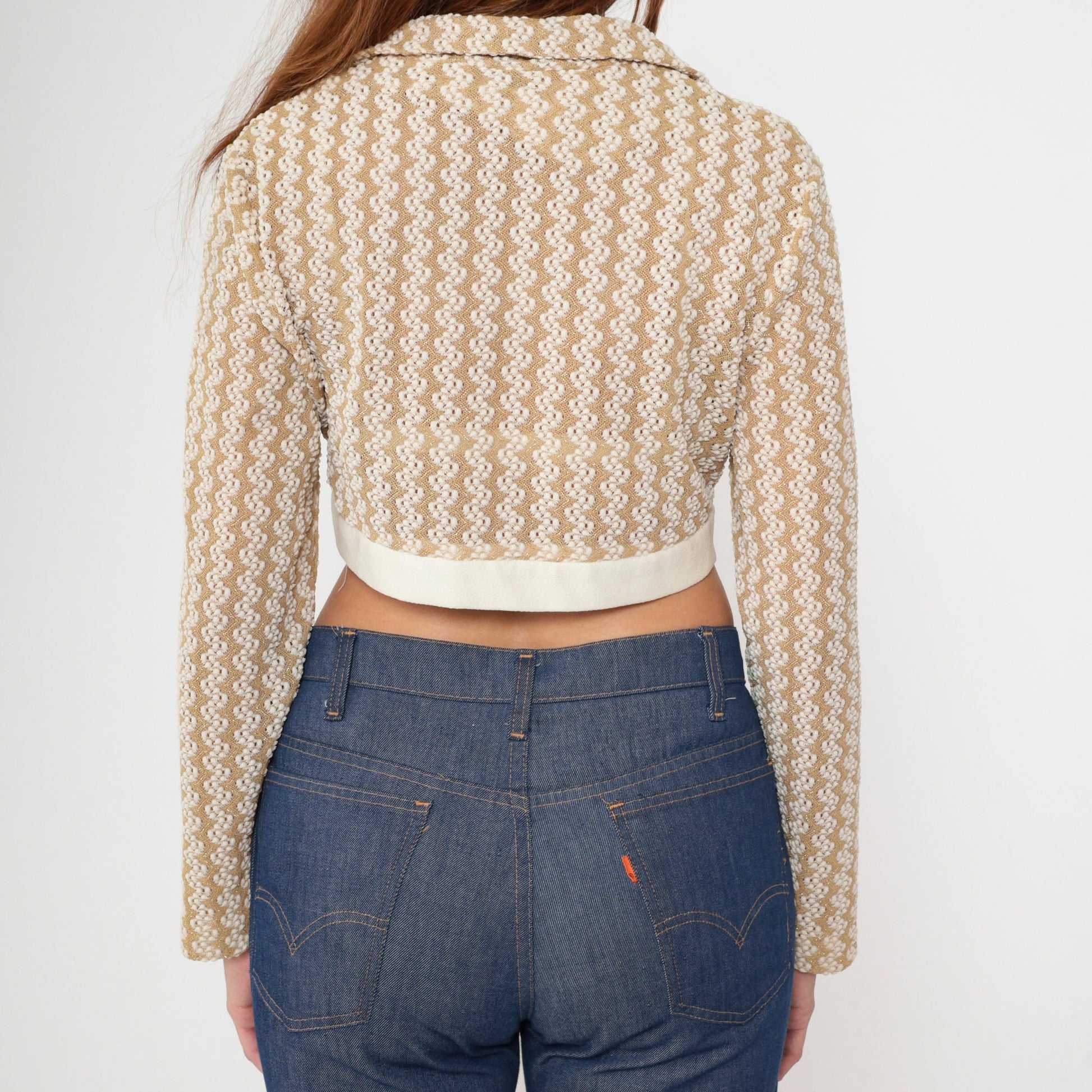70s Gold Striped Metallic Crop Top Deep V Neck Long Sleeve Knit Medium
