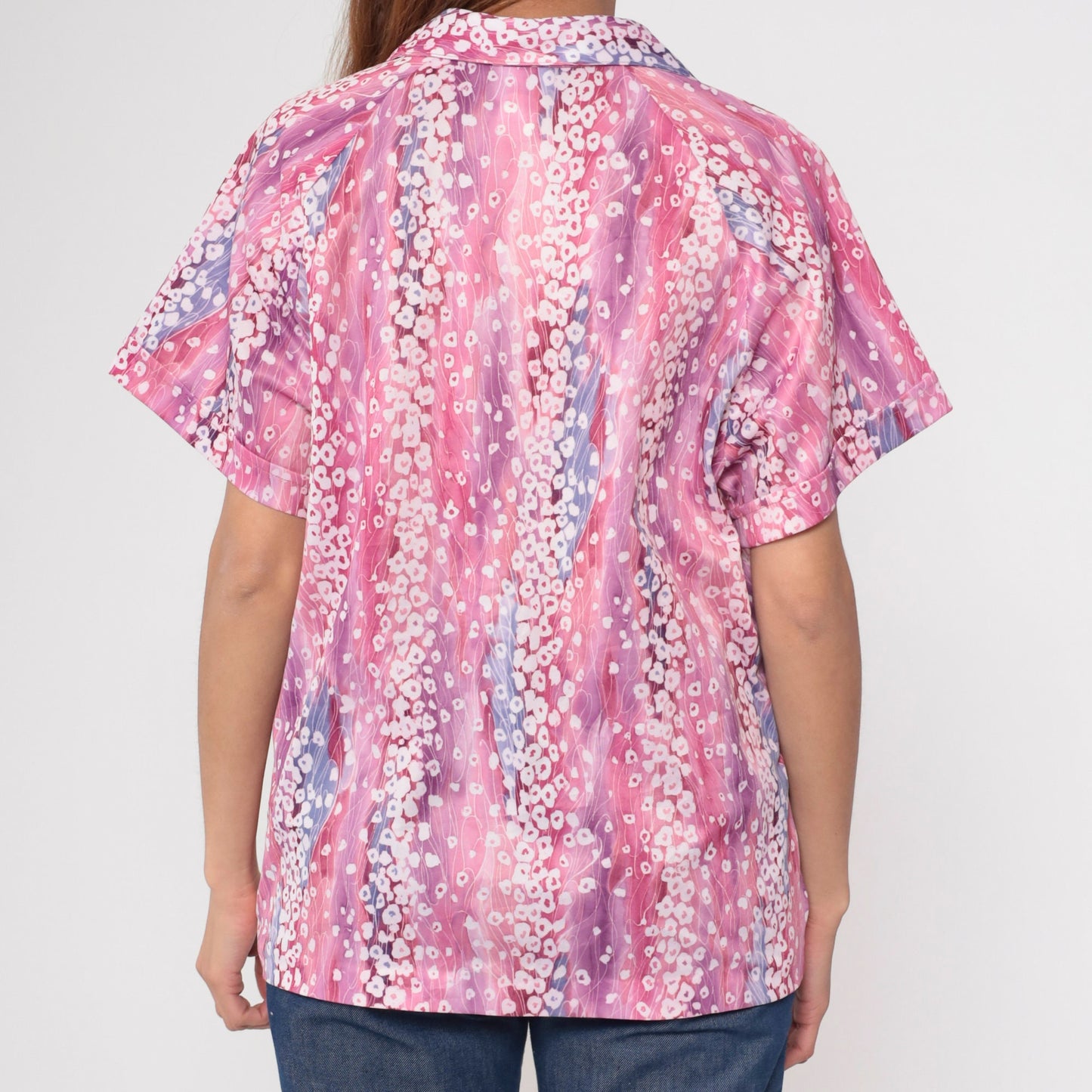 70s John Abbott Abstract Floral Blouse Pink Purple Dagger Collar Large