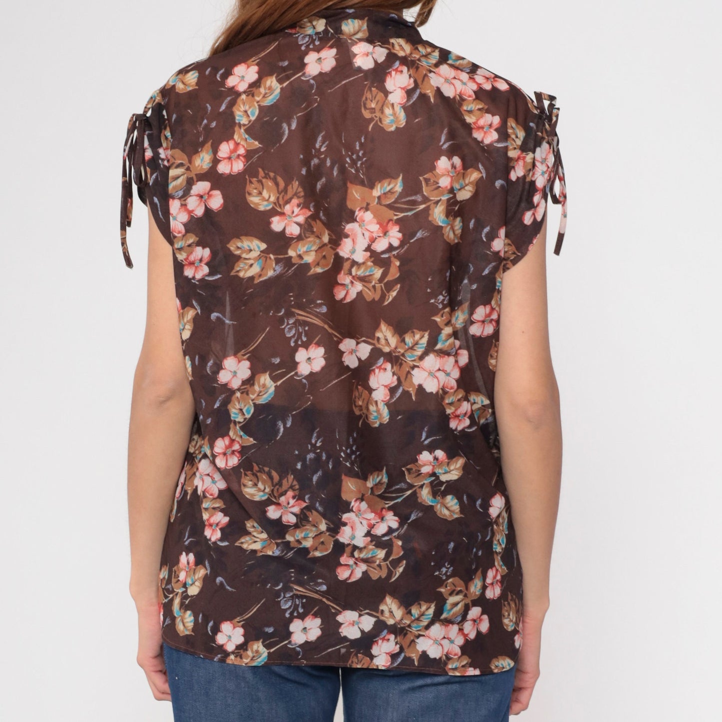 70s Sheer Floral Blouse Tie Sleeve V Neck Brown Pink Shirt Medium Large